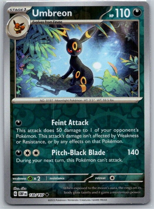 Umbreon 130/197 Uncommon Obsidian Flames Pokemon Reverse Holo Near Mint Umbreon 130/197 Uncommon Obsidian Flames Pokemon Reverse Holo Near Mint