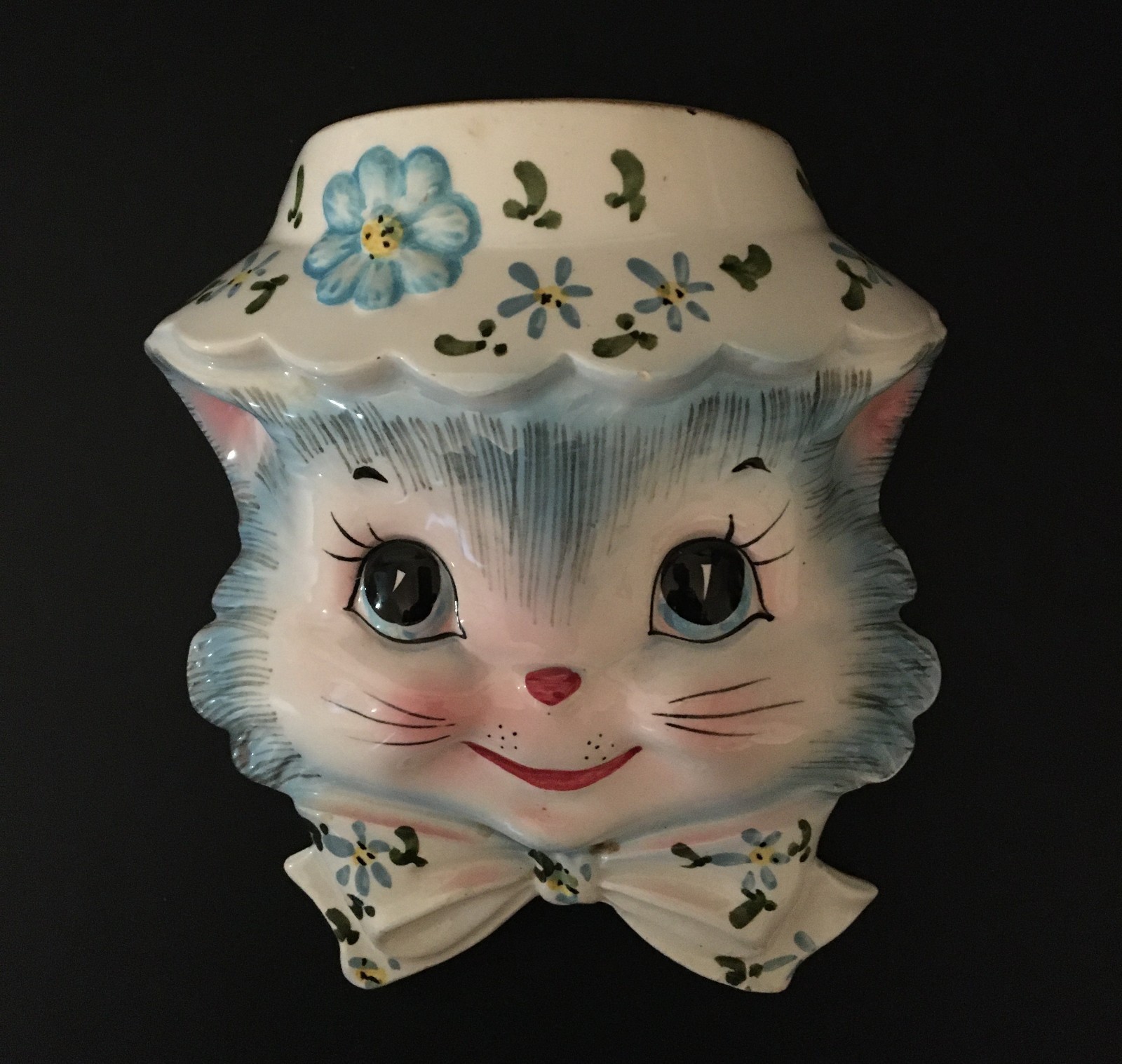 Lefton Miss Priss Anthropomorphic Blue Cat 1950's Wall Pocket