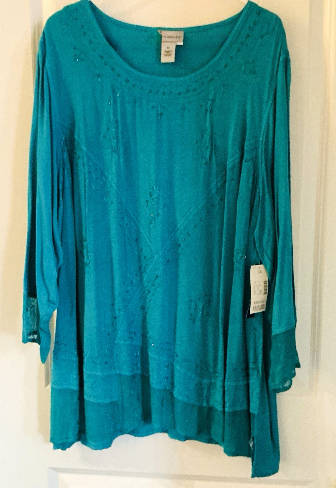 CATHERINES TEAL Tunic Blouse Embroidered Beaded 3/4 Sleeve Rayon 2X (Orig. $89) CATHERINES TEAL Tunic Blouse Embroidered Beaded 3/4 Sleeve Rayon 2X (Orig. $89)