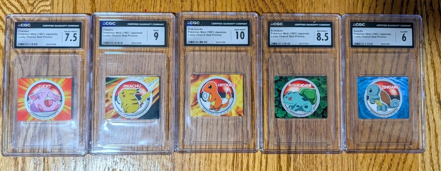 1998 Meiji Lucky Chance Seal Pokemon TCG CGC 10 LOT - Pikachu, Kanto Starters 1998 Meiji Lucky Chance Seal Pokemon TCG CGC 10 LOT - Pikachu, Kanto Starters