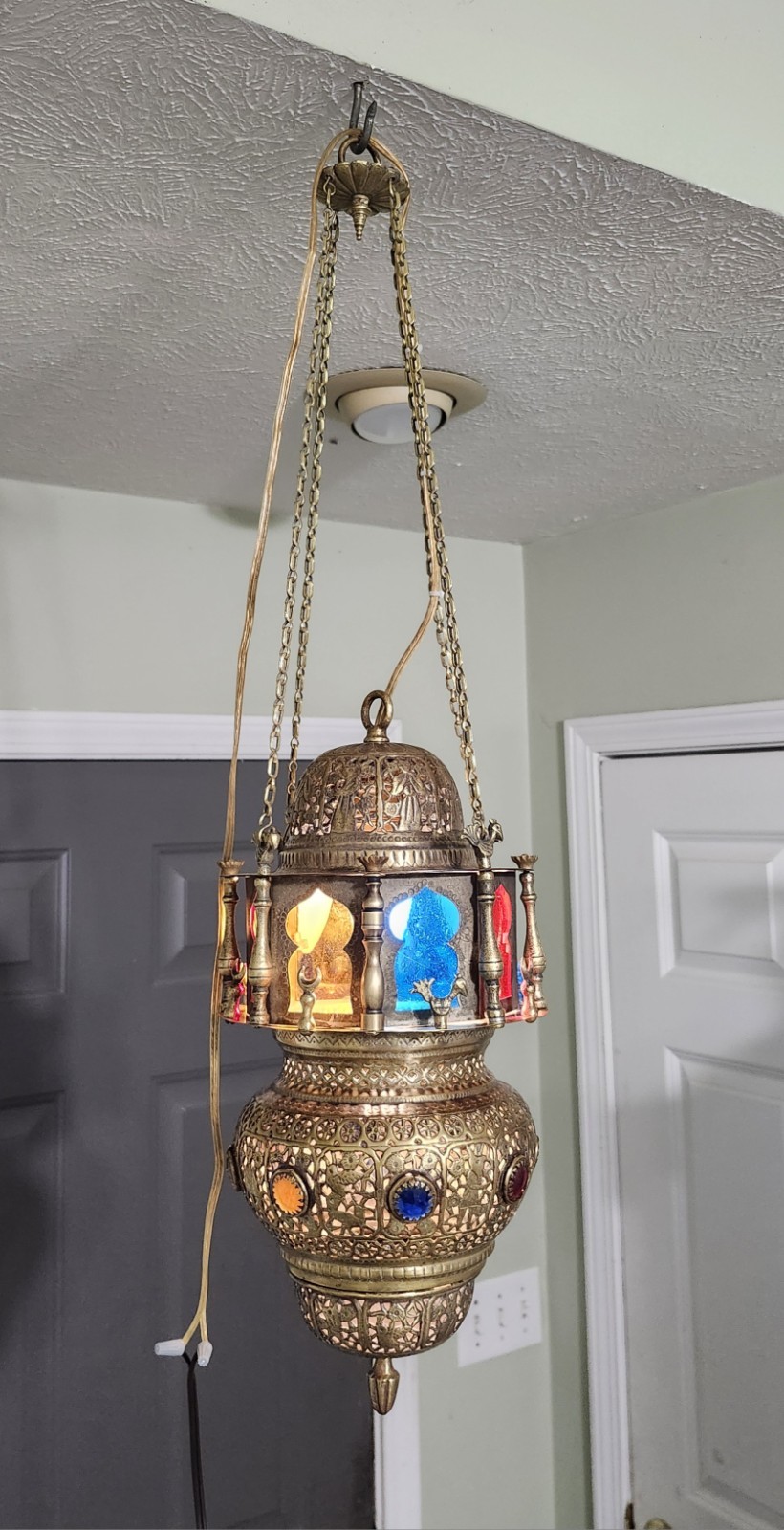 Antique Jeweled Moroccan Pierced Brass Light Fixture Antique Jeweled Moroccan Pierced Brass Light Fixture