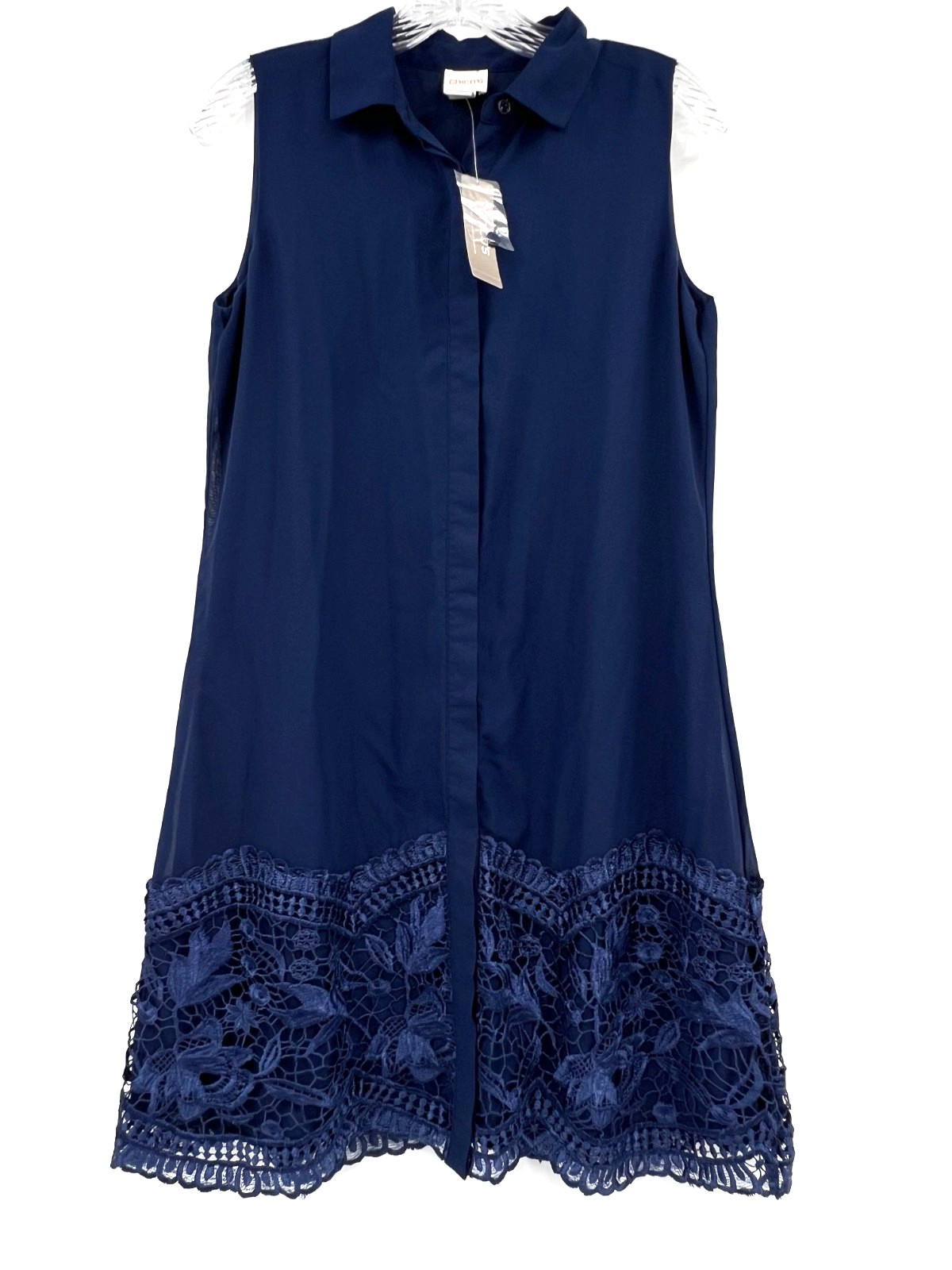 CHICO\'S Women\'s Sz 00 NWT Navy Blue Sleeveless Embroidered Lace Hem Shift Dress