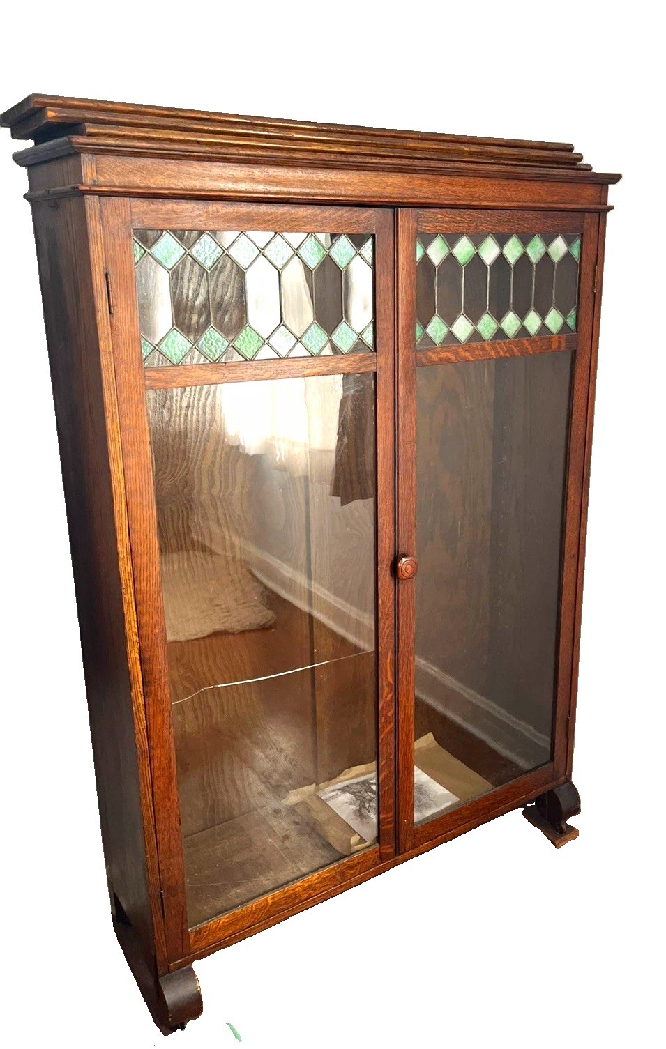 Antique Oak Larkin Bookcase / China Cabinet With Green Slag Glass Doors