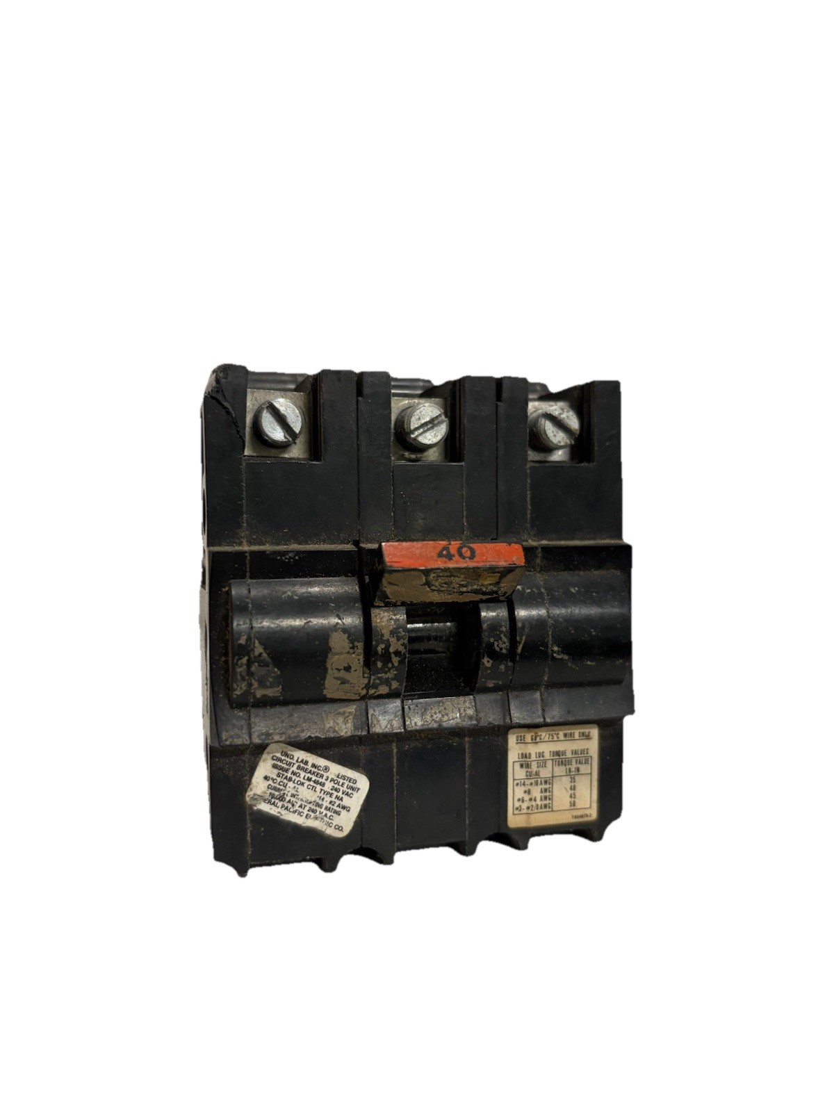 Federal Pacific FPE Stab-Lok NA340 40A 3-Pole 240V Circuit Breaker - Flawed Federal Pacific FPE Stab-Lok NA340 40A 3-Pole 240V Circuit Breaker - Flawed