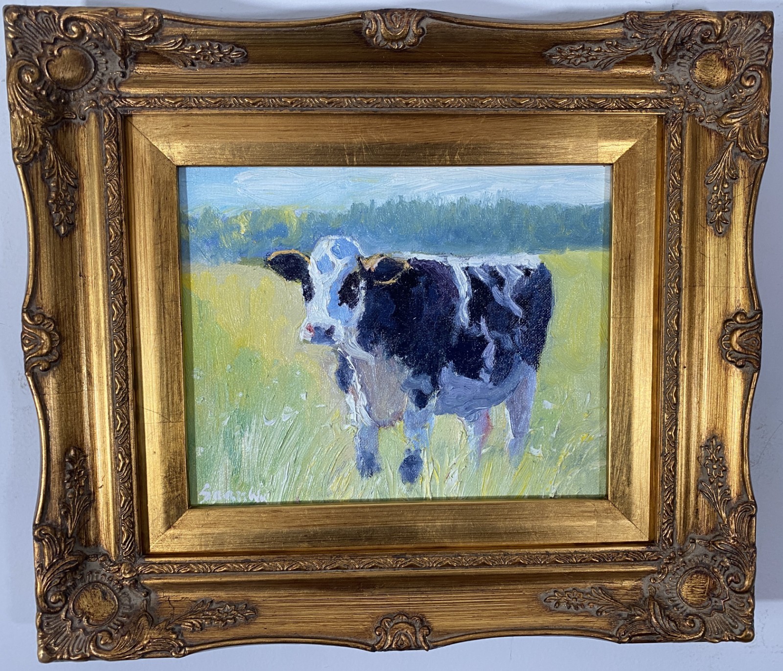 Original Impressionist Oil Painting - The curious Cow - Gold Frame