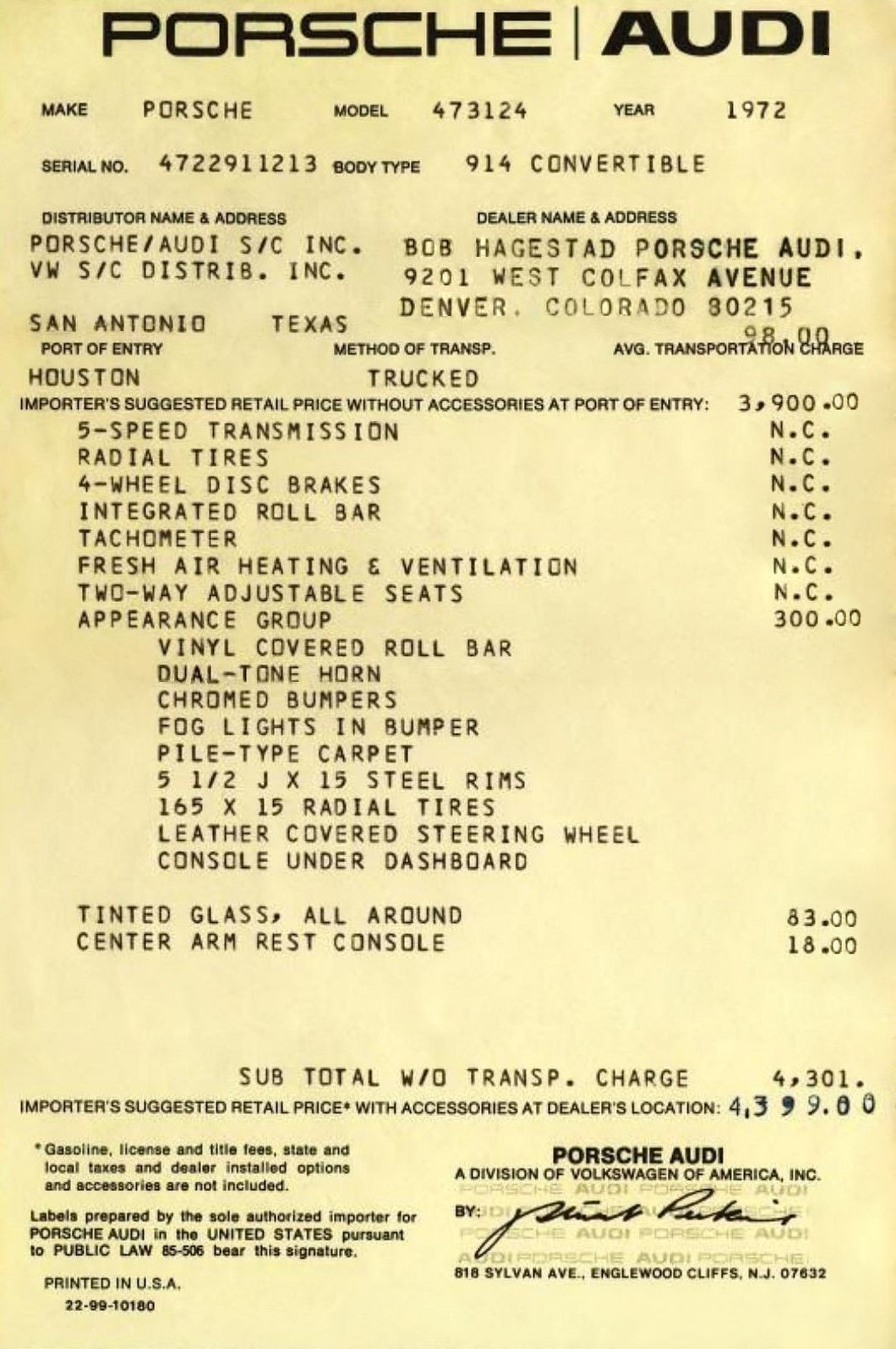 1972 PORCHE 914 CONVERTIBLE   DEALER INV  Window   ON 65 lb paper COPY