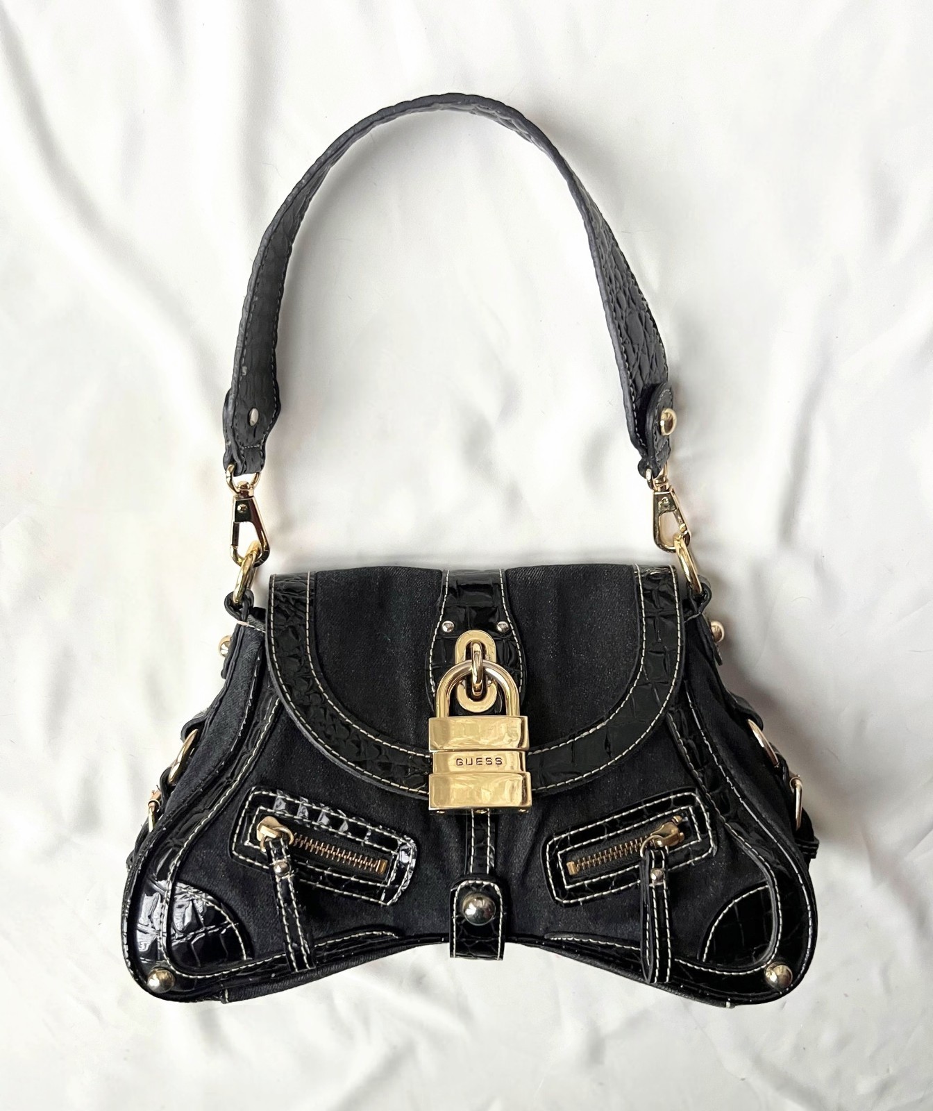 Vintage Guess Y2K Shoulder Bag Black Monogram Leather 2000 Edgy Grunge RARE 90s