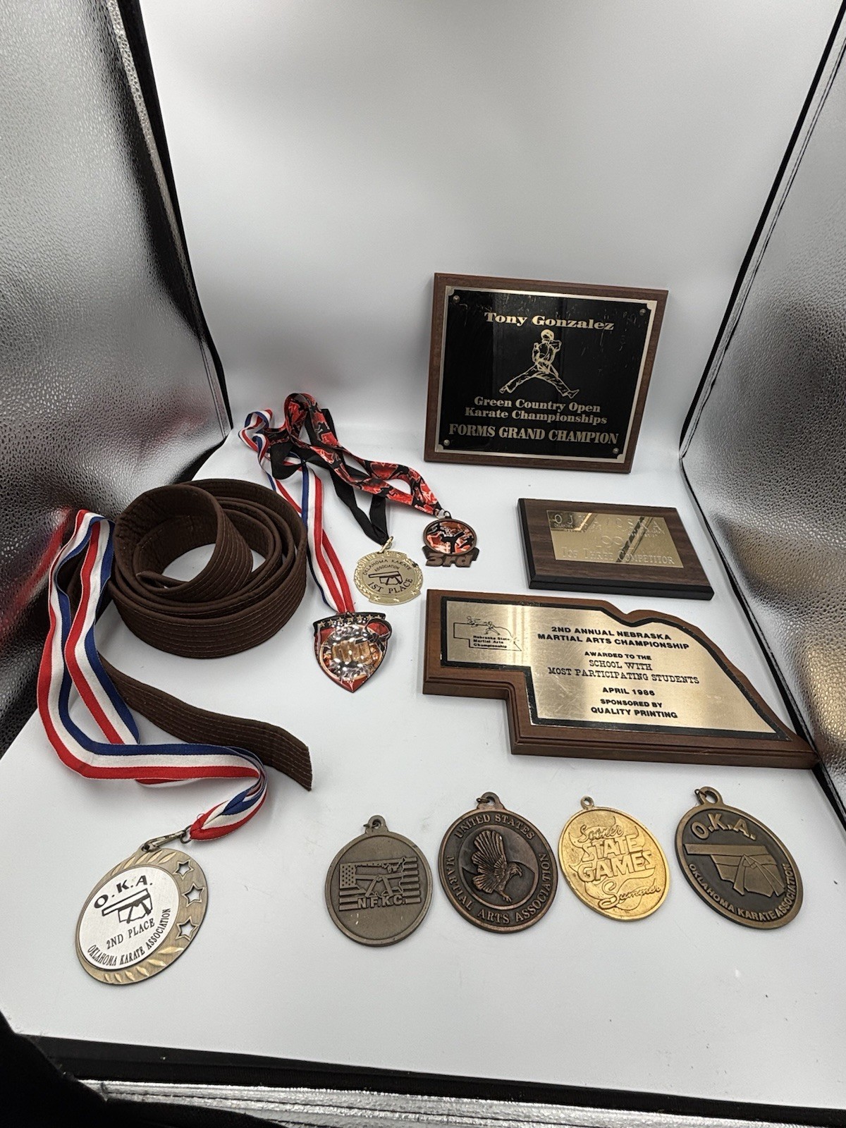 Vintage 1986-1991 Karate Martial Arts Award Lot 8 Medals 3 Plaques Brown Belt 