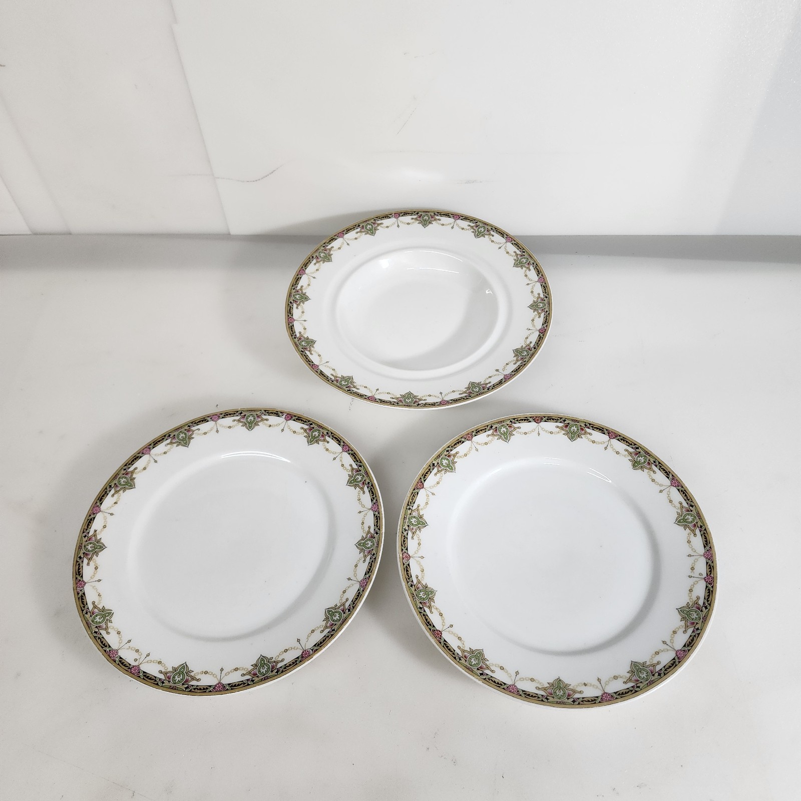 UC Limoges France Plate Bowl Lot of 3 Pink Flower Green Gold Rim Discontinued