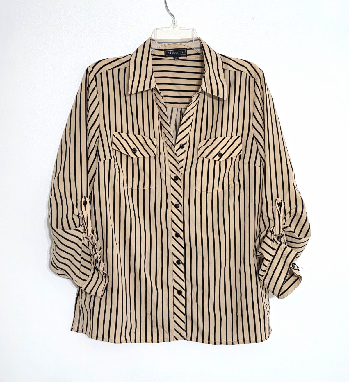 Elementz Women’s Beige Black Striped Blouse Roll Tab Sleeve Pockets