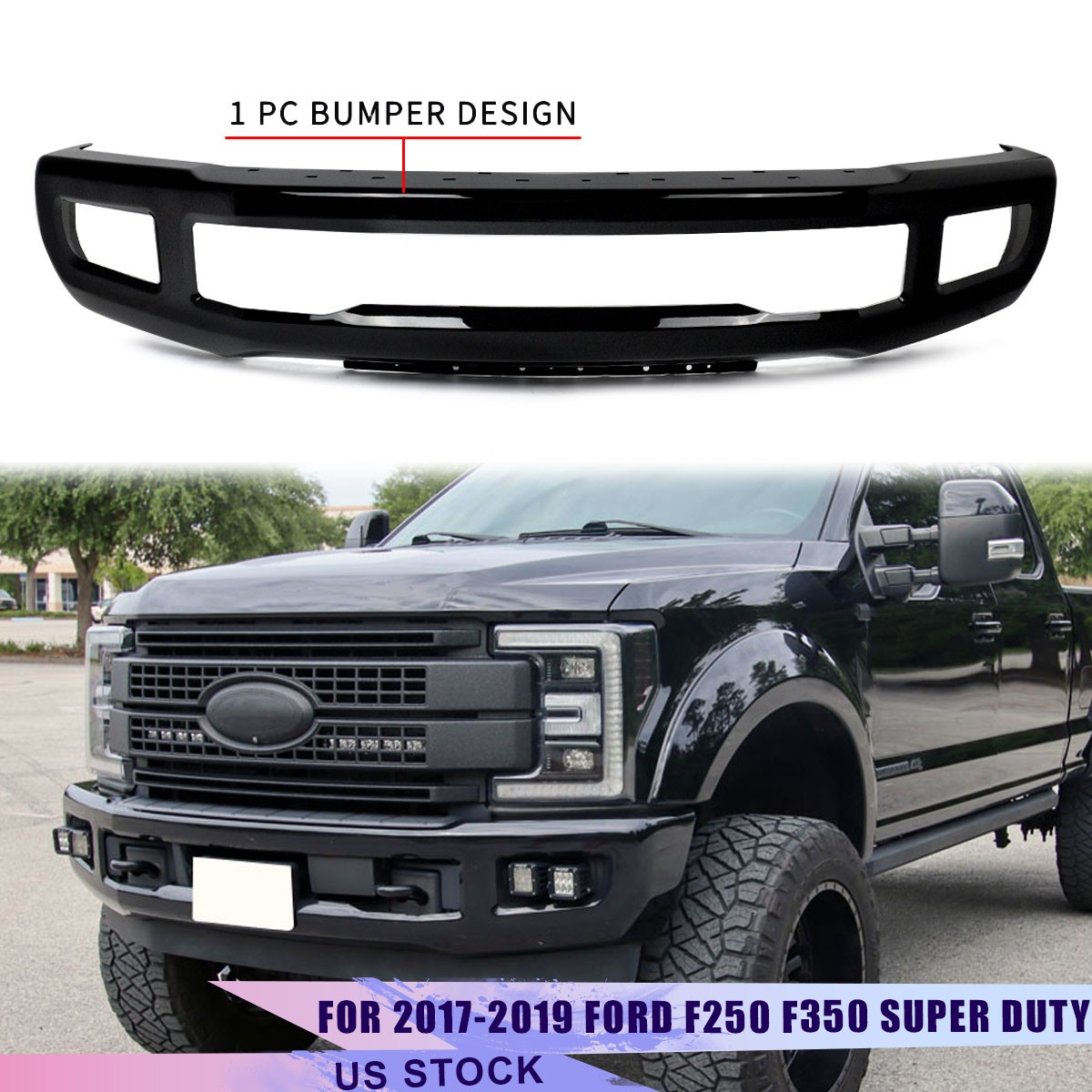 For 2017-2019 Ford F250 F350 Super Duty Agate Black Front Bumper Face Bar w/Fog