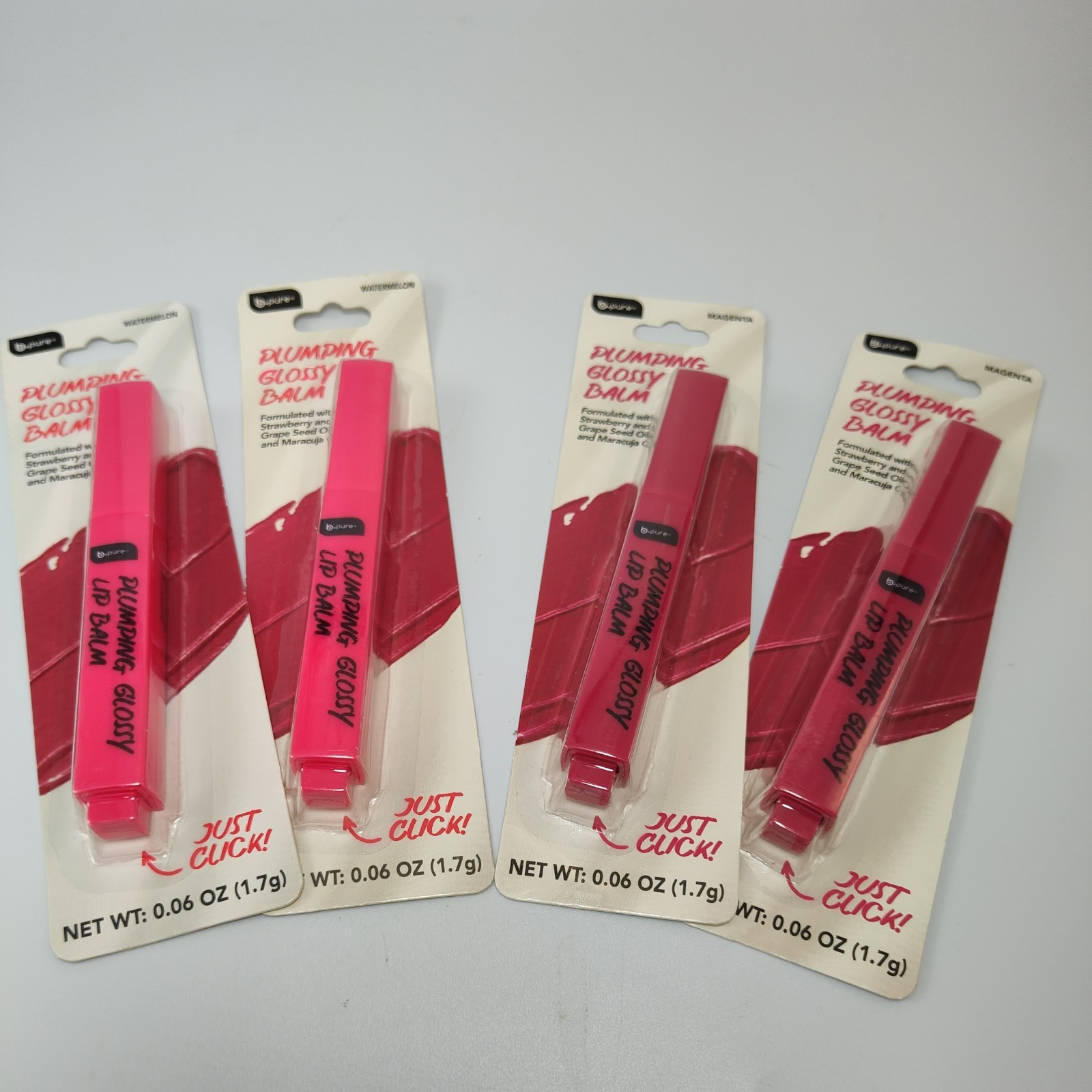 Lot of 4 B•PURE  Plumping Glossy Lip Balm, (2) Watermelon and (2) Magenta 