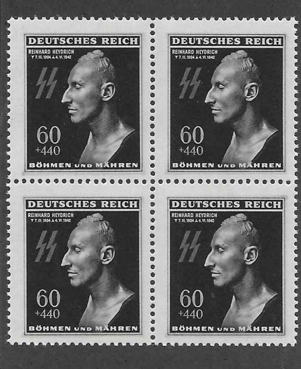 MNH 1943 stamp block Sc B20  / Heydrich  Death mask stamp / Third Reich WWII