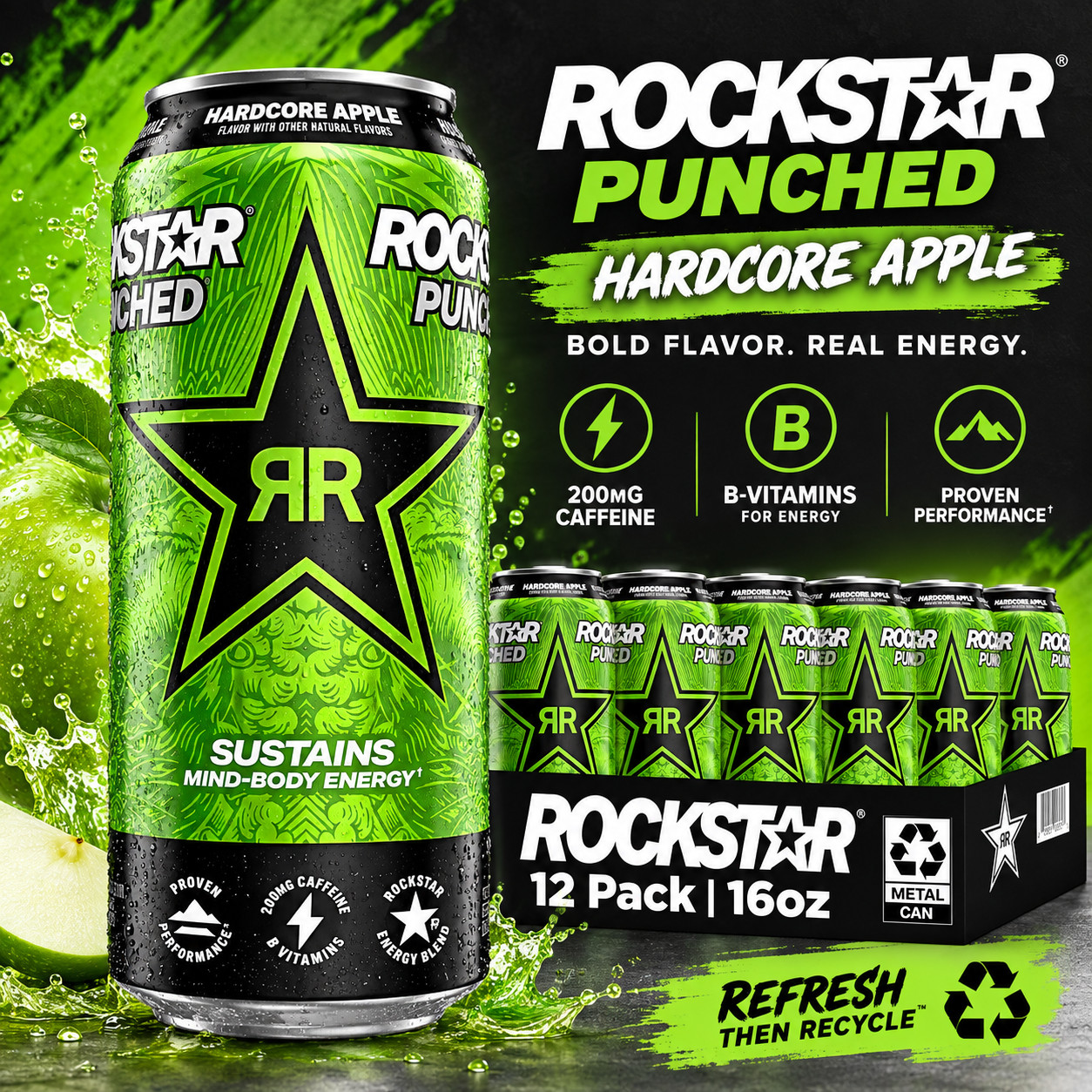 Rockstar Punched Hardcore Apple Energy Drink 16oz Cans 12 Pack Rockstar Punched Hardcore Apple Energy Drink 16oz Cans 12 Pack