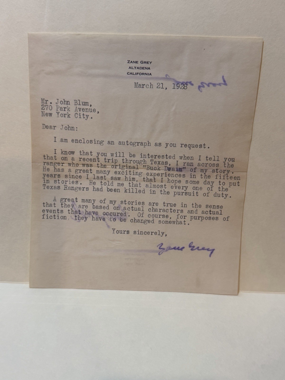 ZANE GREY - TYPED 1928 LETTER SIGNED Including Signed Card & COA