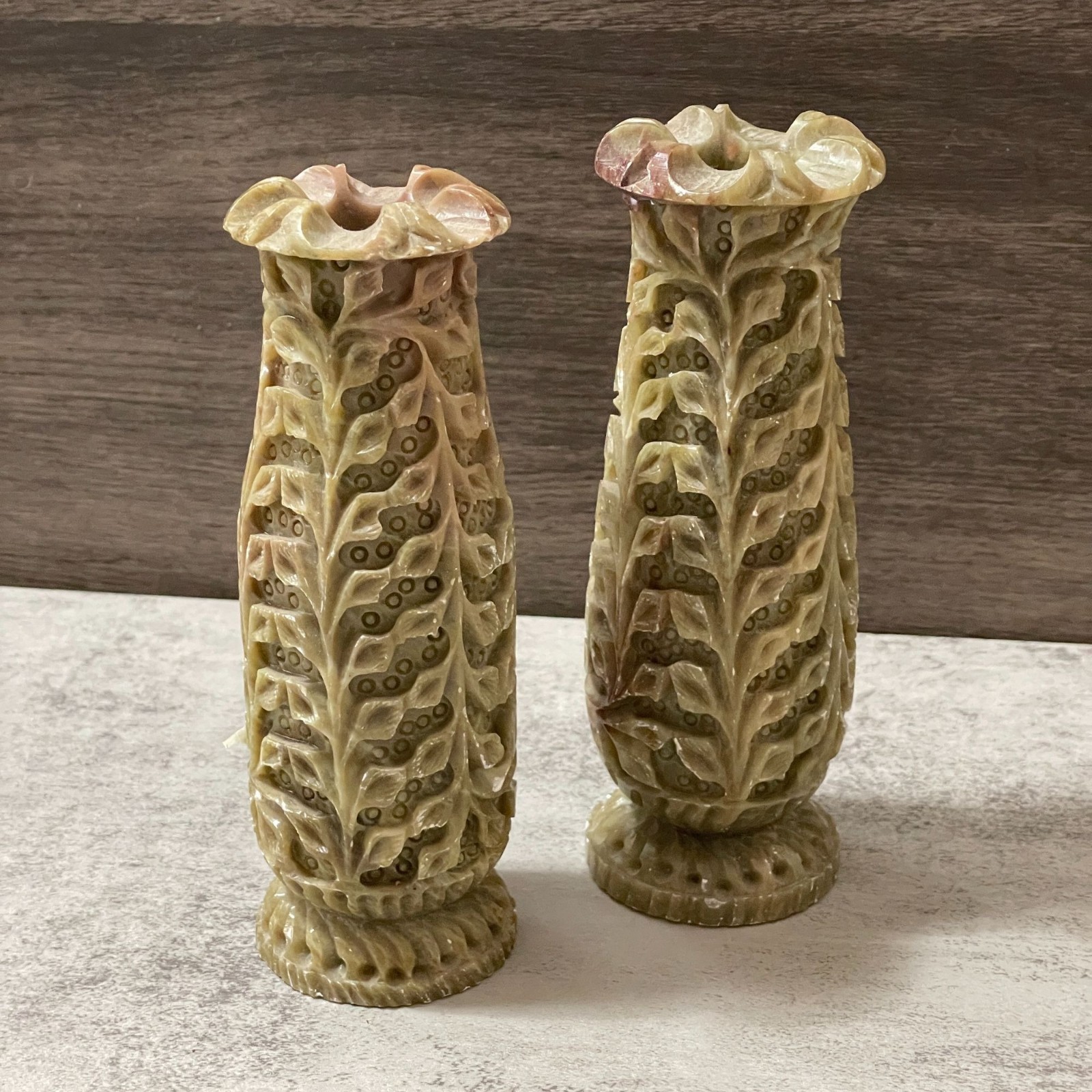 Vintage Pier 1 Soapstone Columnar Vases Carved Green Pink Floral Set of Two 6\