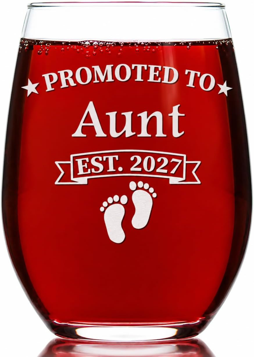 Promoted to Aunt Est 2027, 15oz Stemless Wine Glass, Pregnancy Announcement, Fir