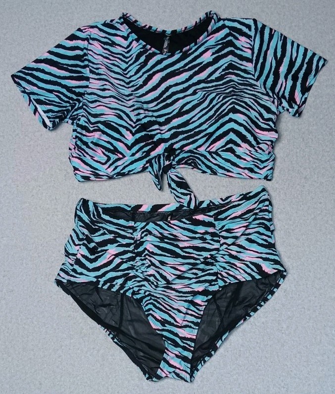 Torrid High Waisted Crop Top Swimsuit Set 3 Neon Zebra Pink Blue Tie Front Y2K