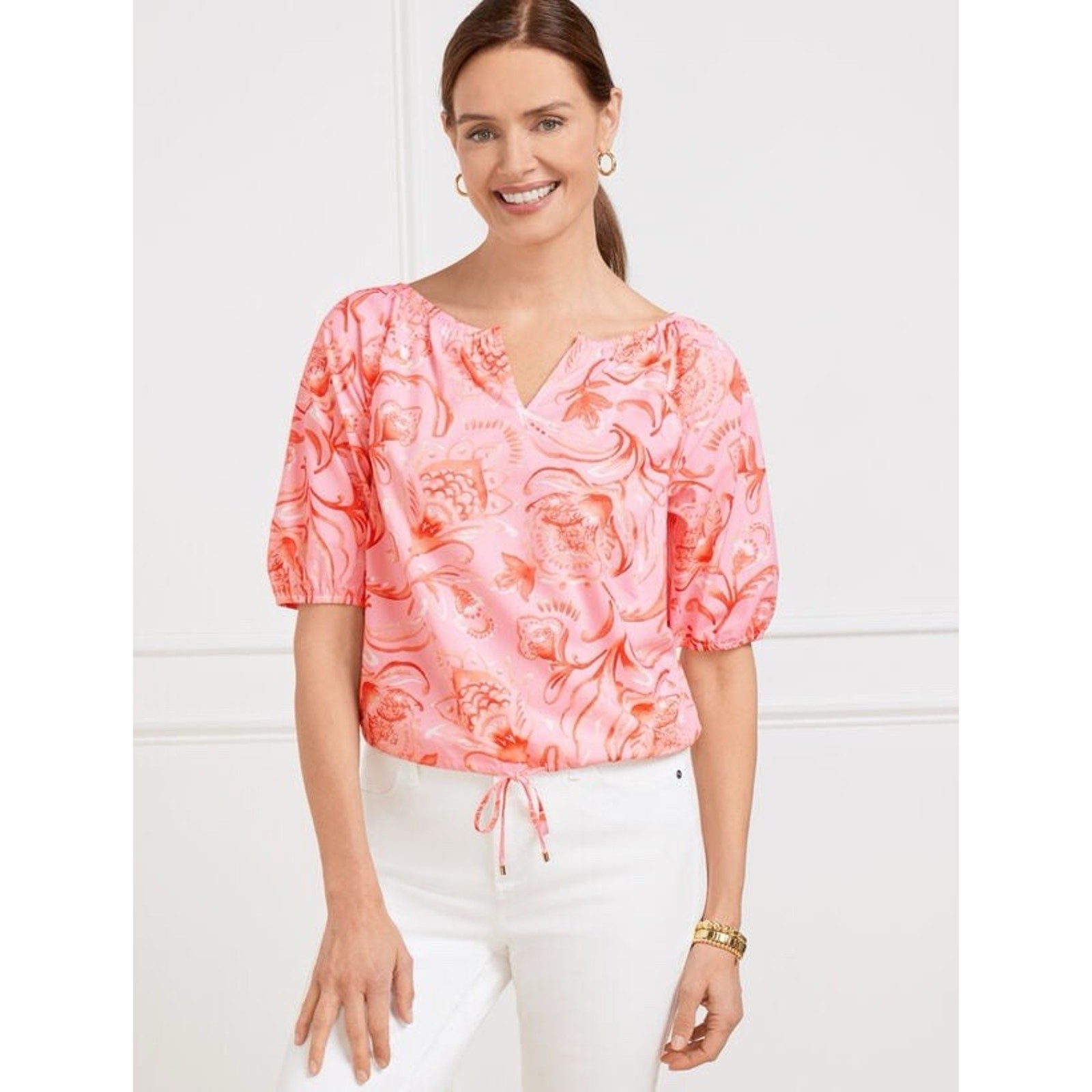NWT TALBOTS FRESH POPLIN DRAWCORD HEM TOP - JACOBEAN FANTASIA Blouse Top XL New