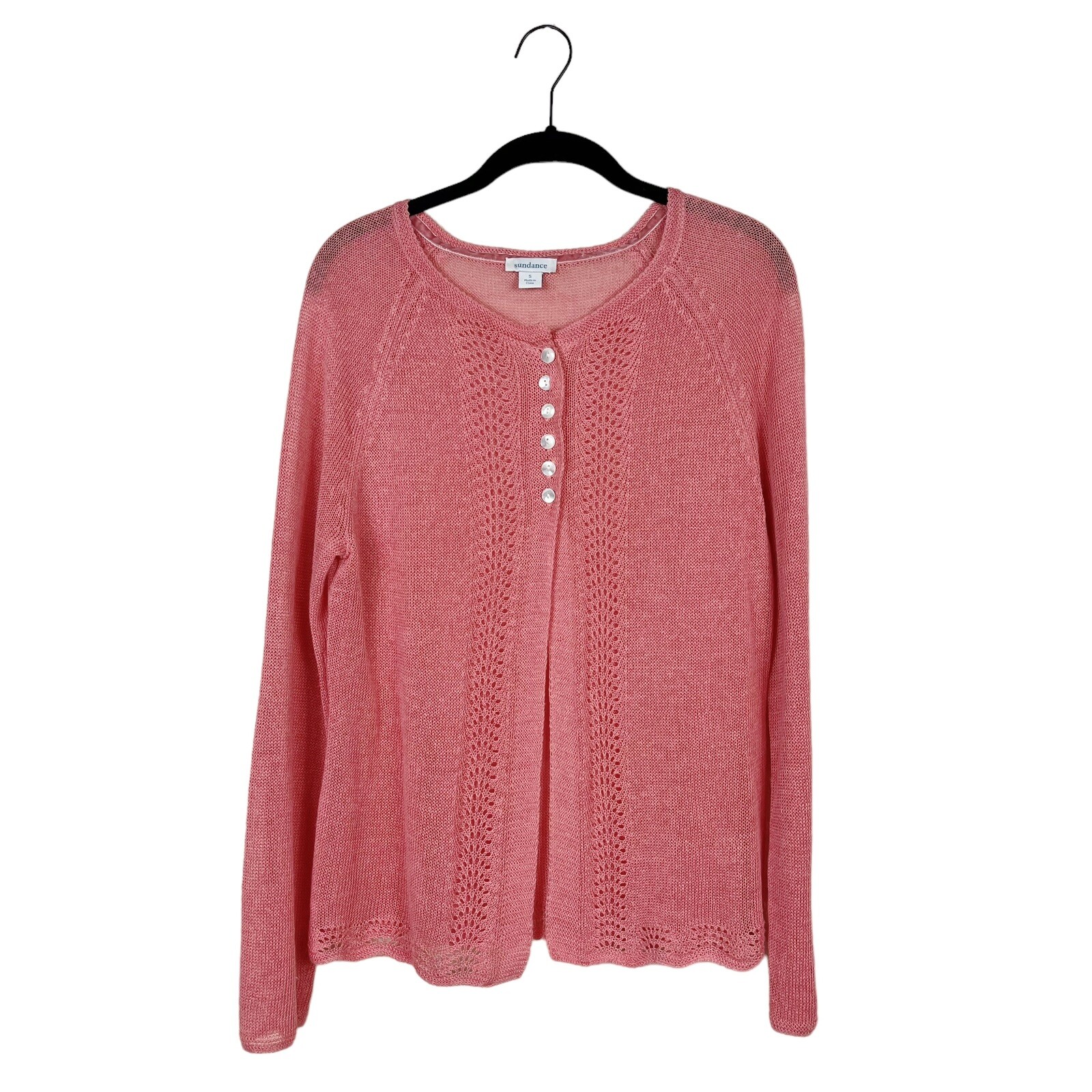 Sundance Lacey & Lovely Cardigan Size S Sweater Scalloped Hem Velvet Placket