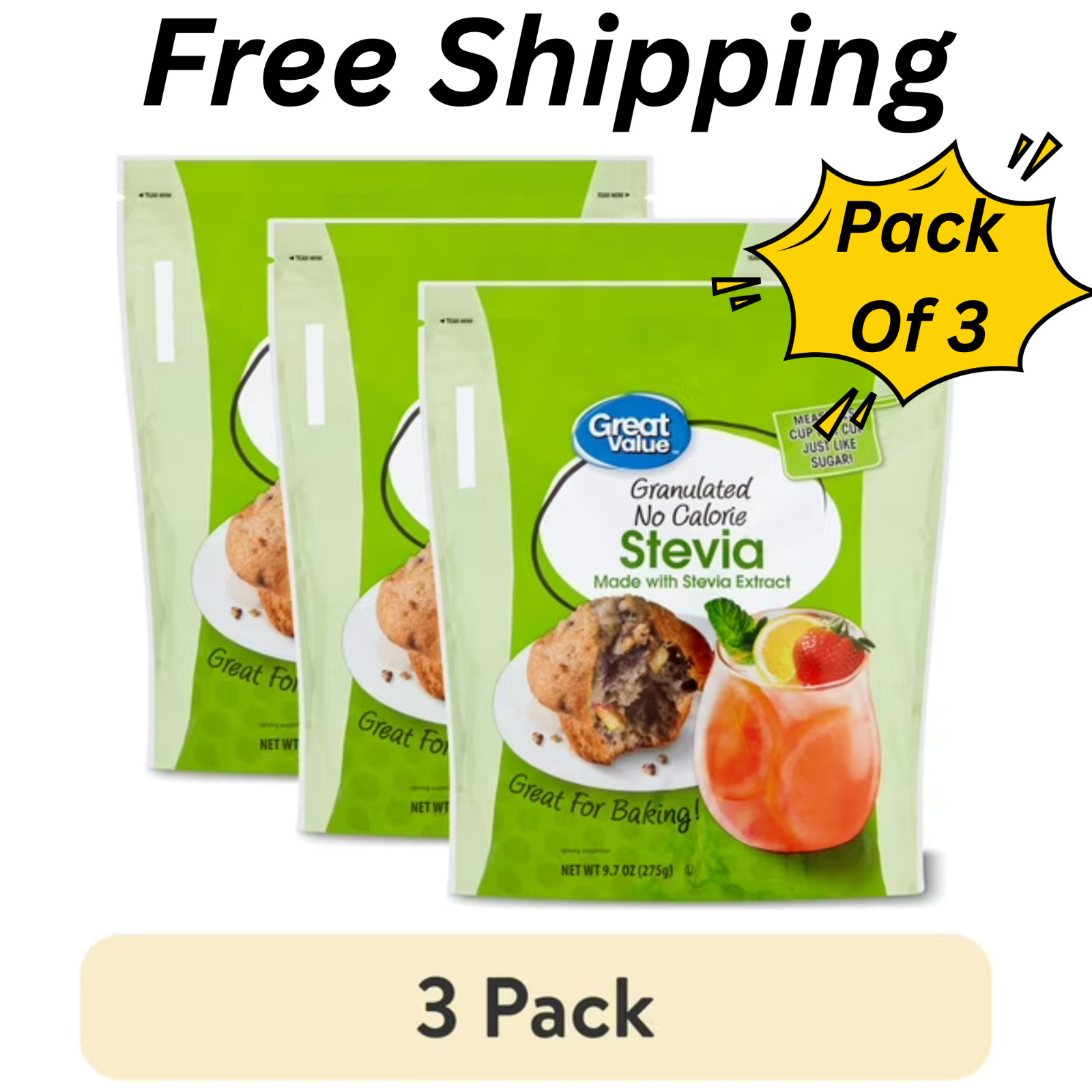 Great Value Granulated Stevia Sweetener, No Calorie, 9.7 oz (3 Pack)