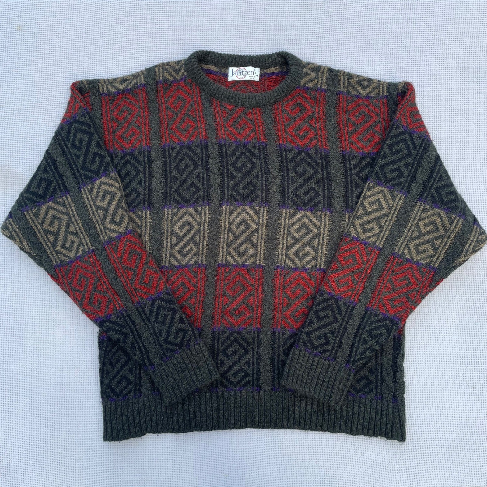 Vintage Jantzen Mens Large Wool Geometric Block Knit Sweater Made in USA M204