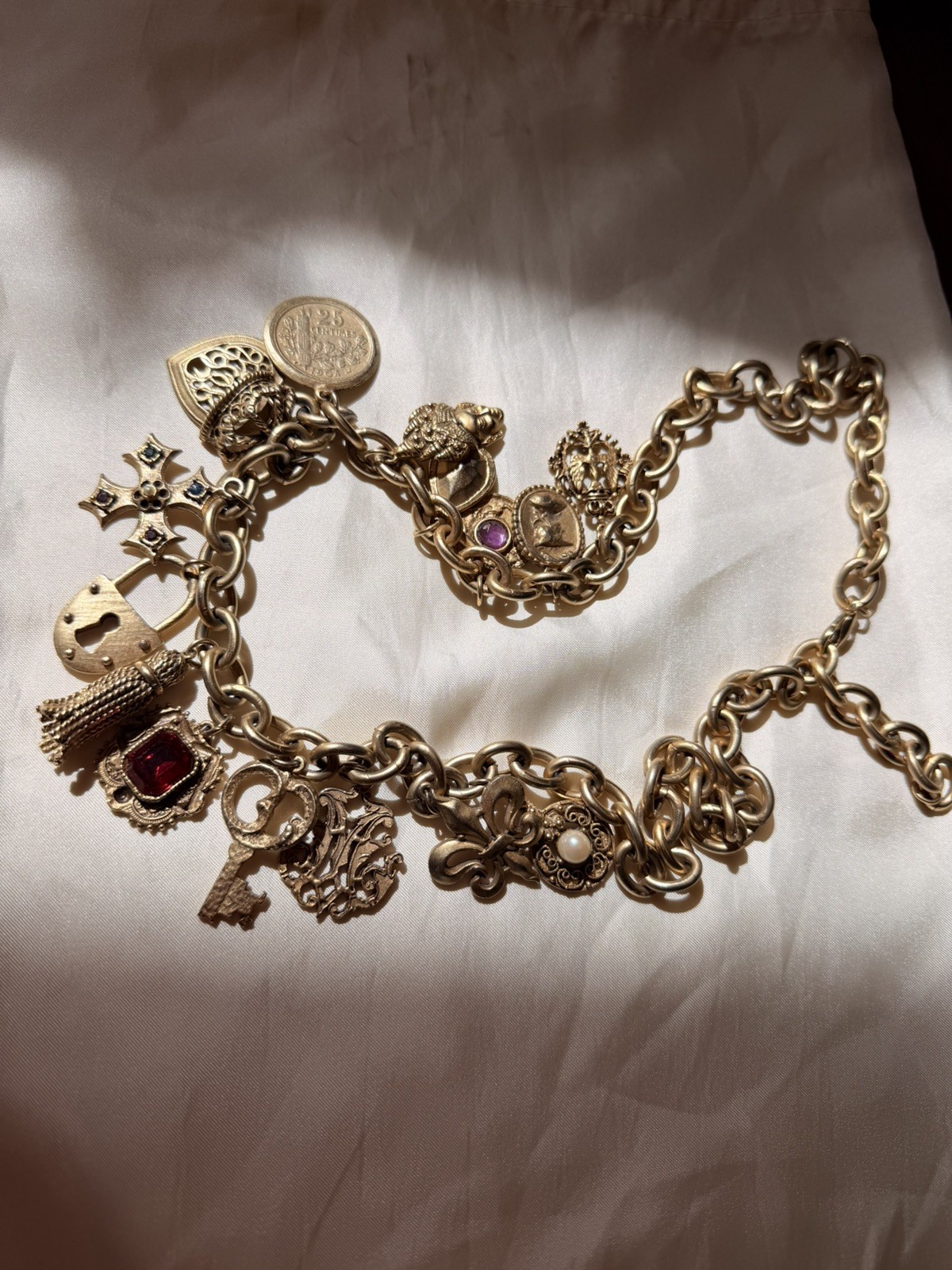 1980s Rare French Gold Tone Charm Etruscan-style Runway Couture Necklace