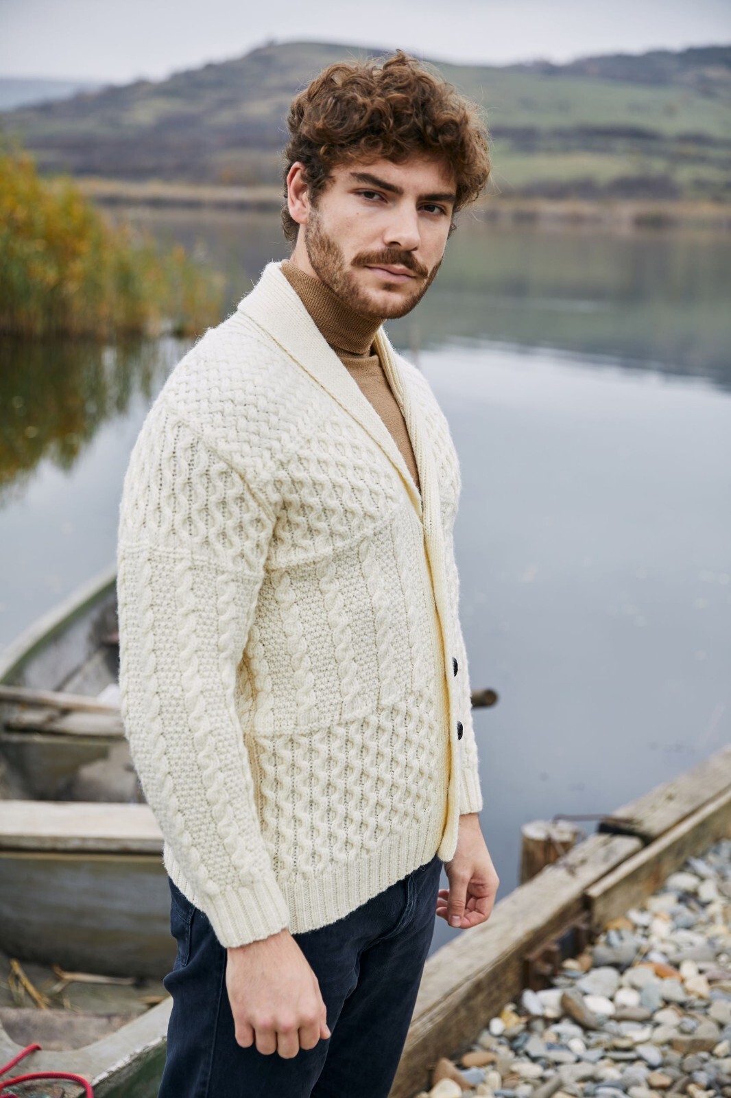 SAOL Irish Fisherman Merino Wool Sweater Men\'s Cable Knit Aran Shawl Cardigan