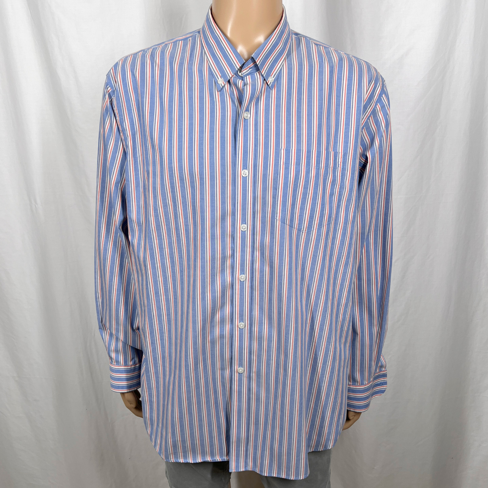 L.L.Bean Men\'s XL Blue Red Striped Traditional Fit Long Sleeve Button-Up Shirt