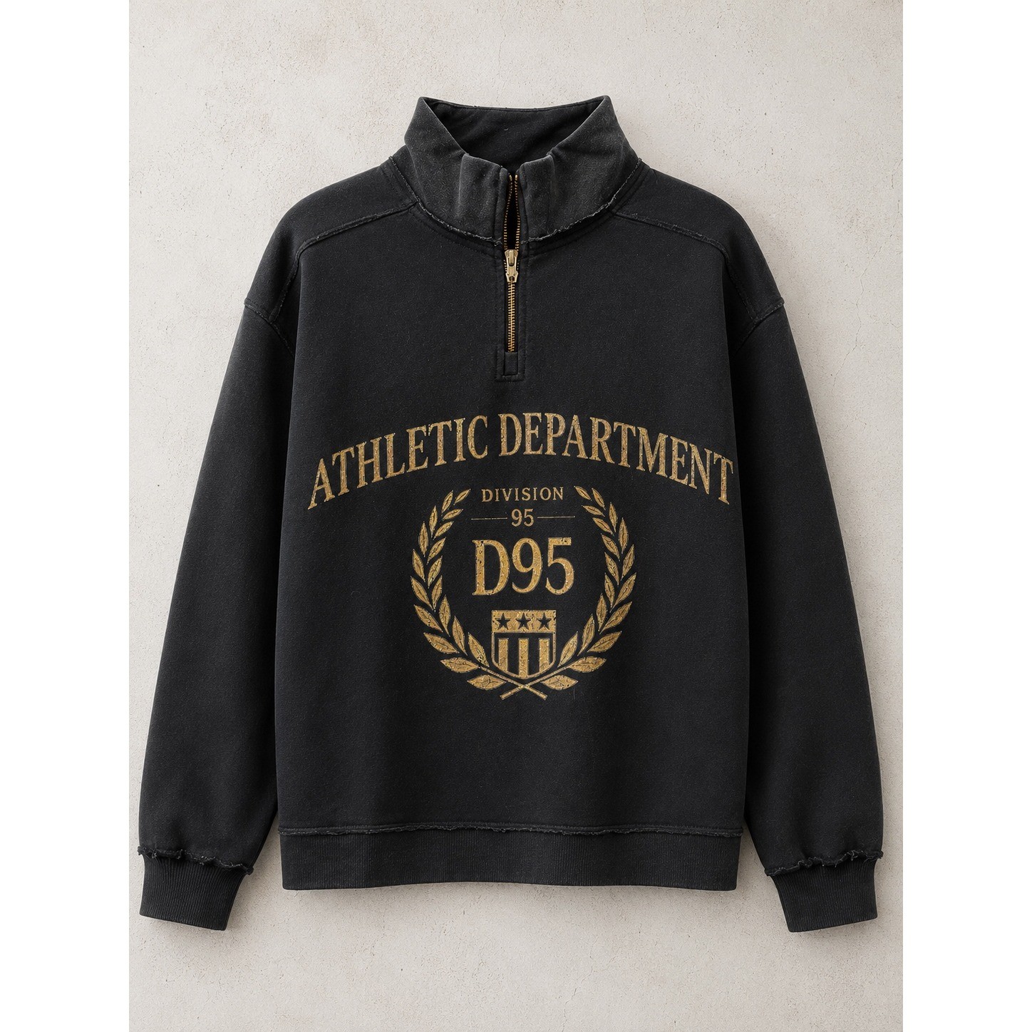 D95 Athletic Department Quarter Zip Sweatshirt Mens XL Washed Black Distressed
