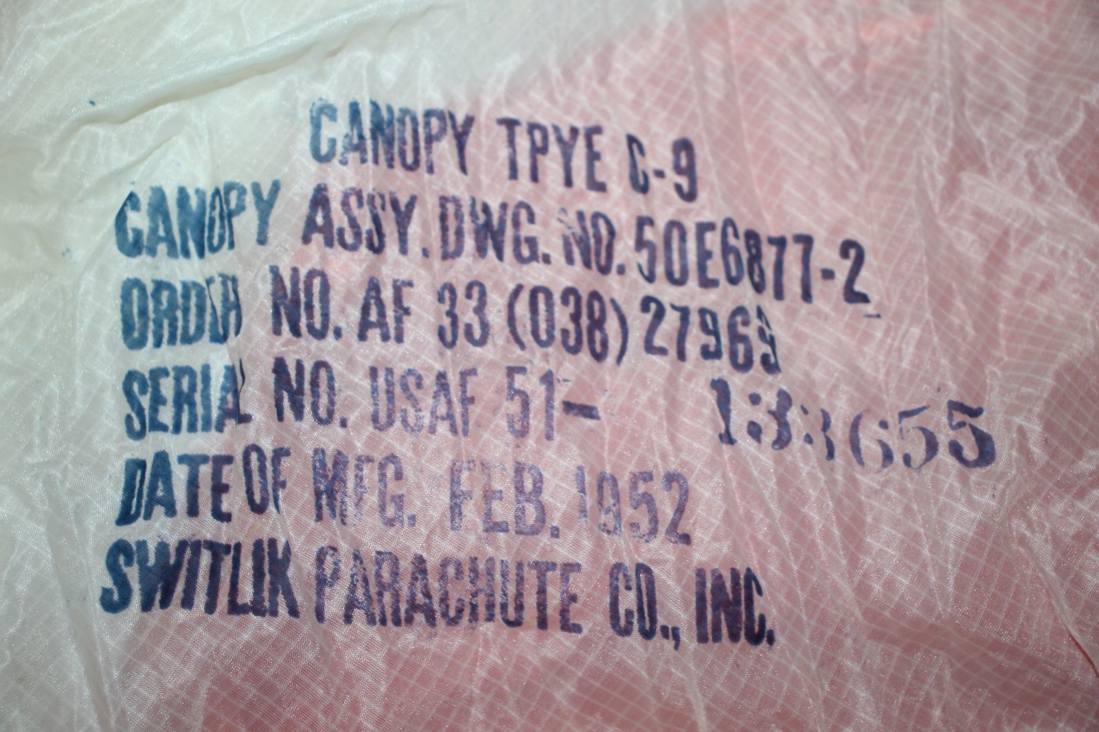 Original Korean War 1952 Dated U.S. A.F. Type C-9 Silk Parachute w/Shroud Lines