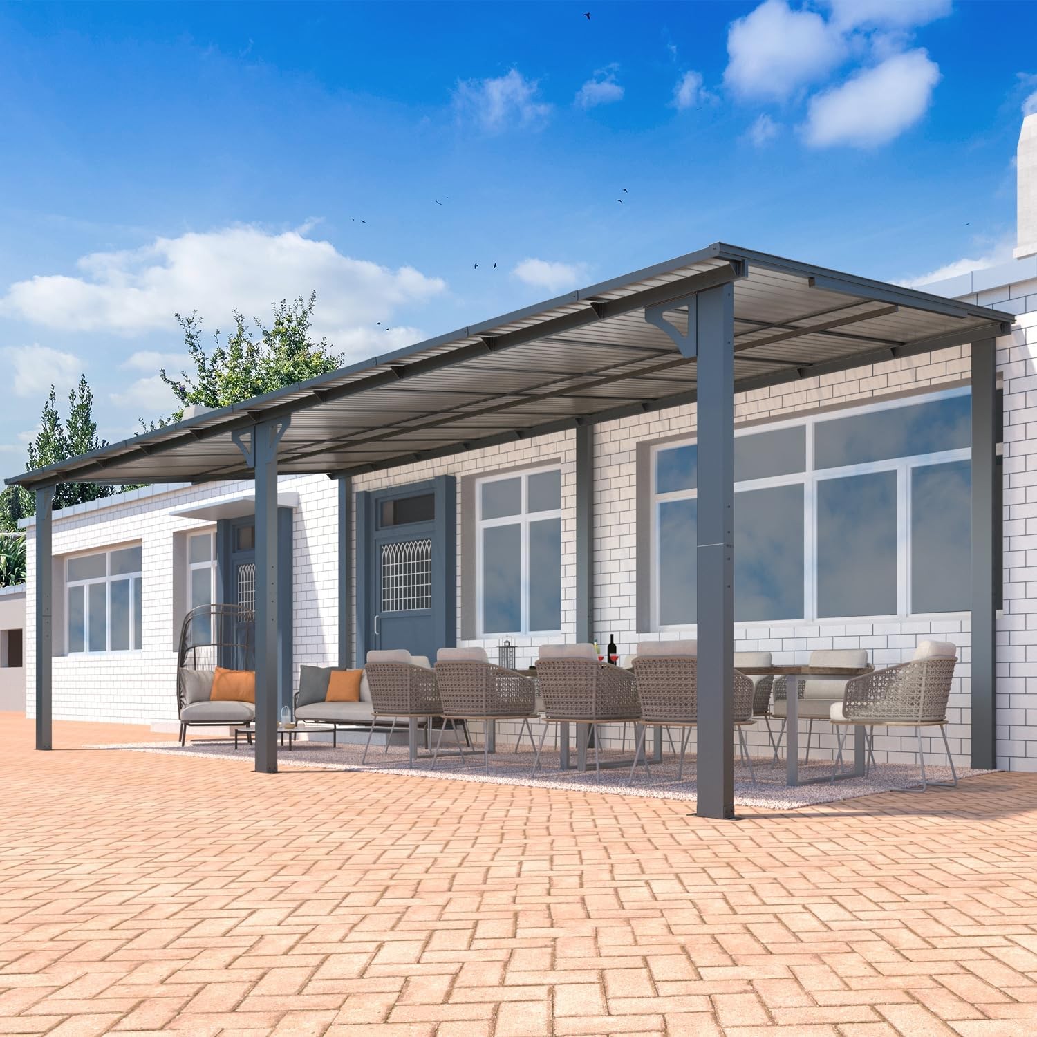 20\' x 10\' Hard Top Wall-Mounted Metal Gazebo Heavy Duty Patio Shelter