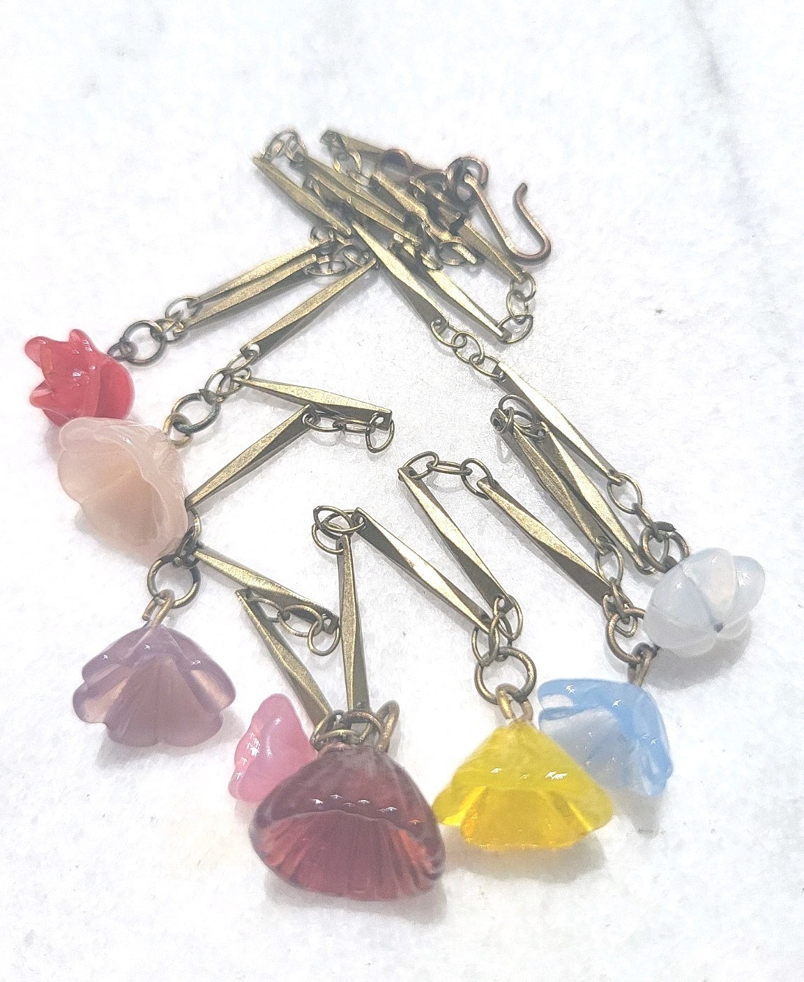 RAREST ANTIQUE TINY ASSORTED FLOWERS GLASS BEAD NECKLACE ARTISAN DELICATE OOAK 
