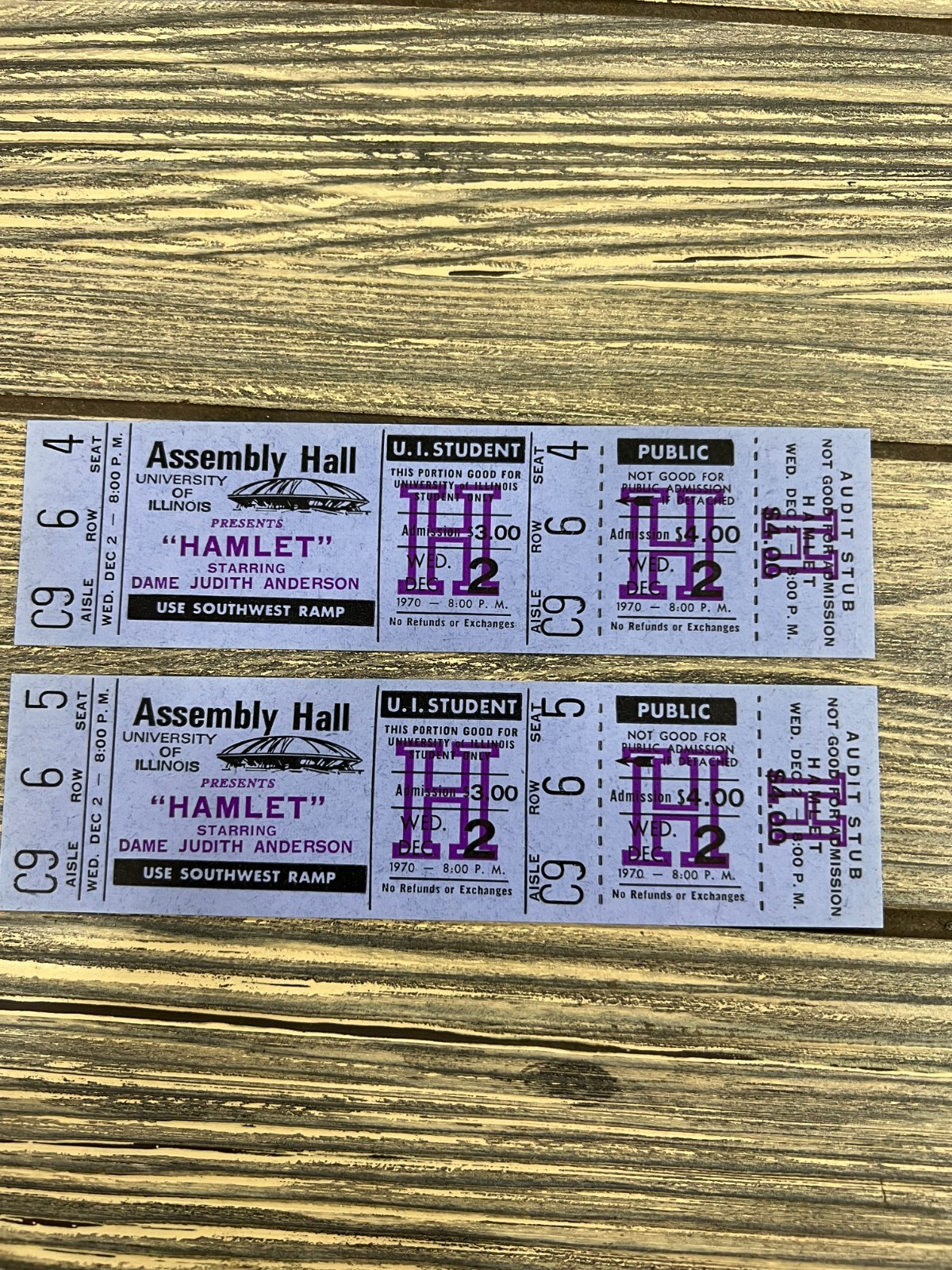 Vtg 1970 University of Illinios HAMLET Dame Judith Anderson Ticket Stub Unused