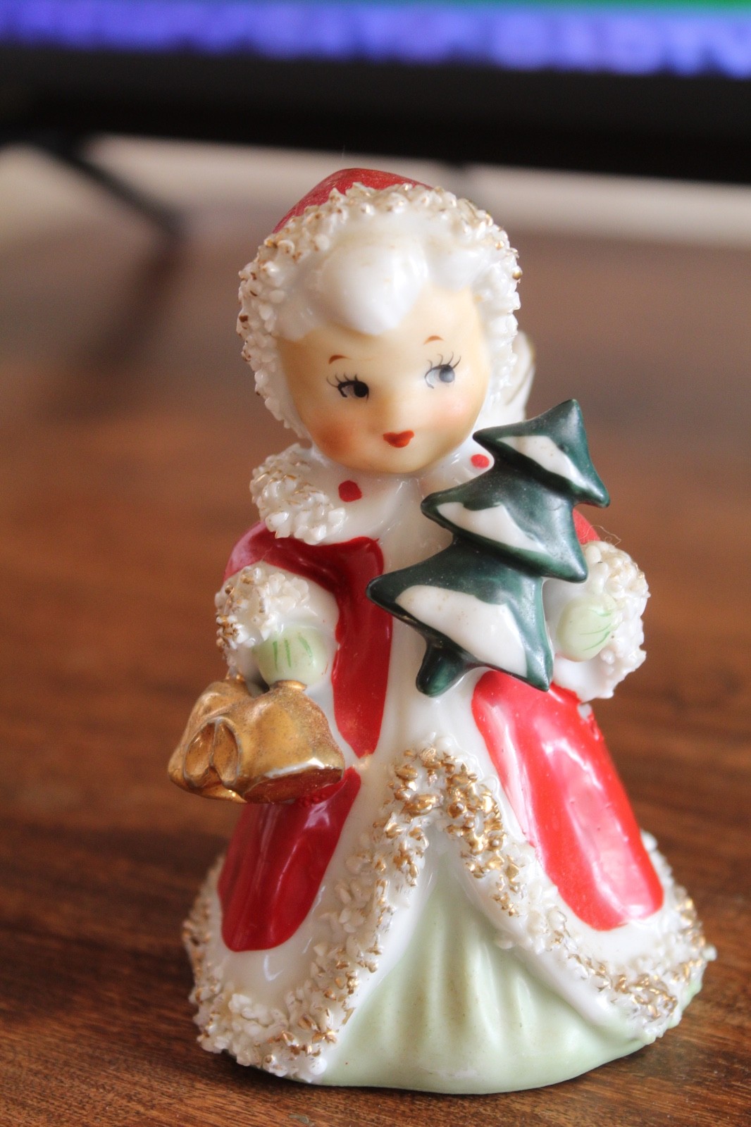 Vintage 1950s Lefton Christmas Angel Bell Figurine Spaghetti Trim Japan sticker