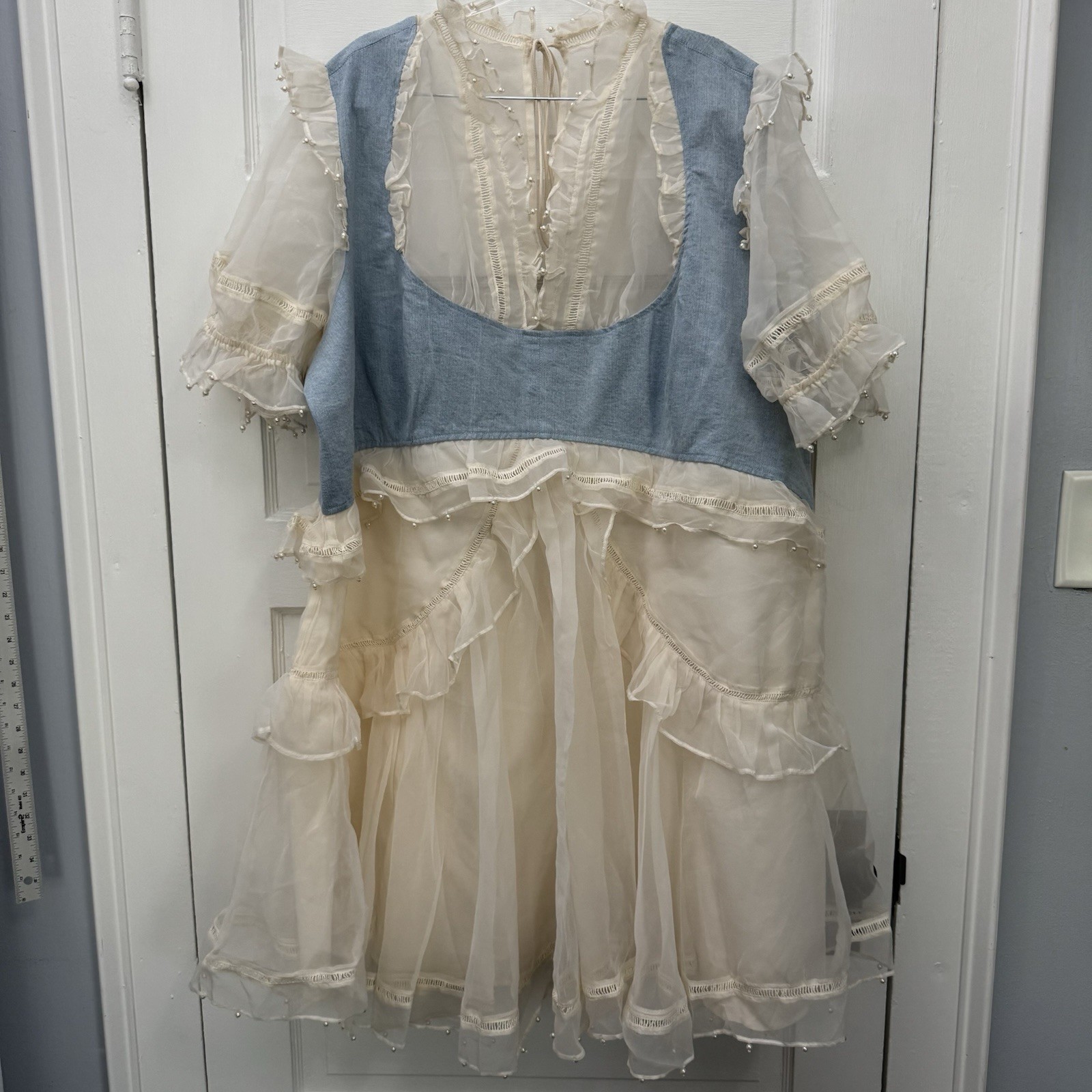 ASOS LUXE Curve Plus 26 Pearl Organza Denim Ruffle Mini Dress NWOT