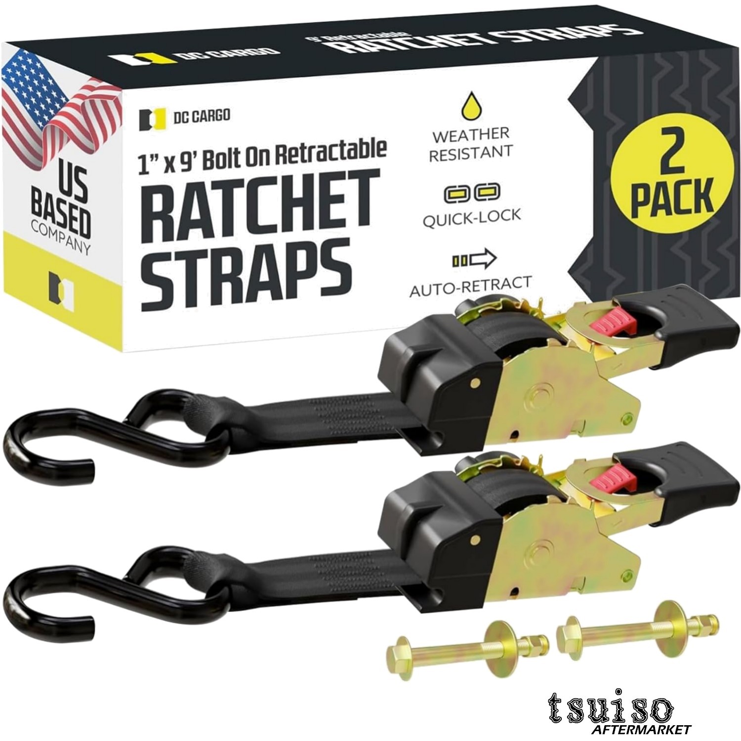 Effortless 1\'\' x 9ft Bolt-On Auto Retractable Ratchet Straps - 1200lb Capacity