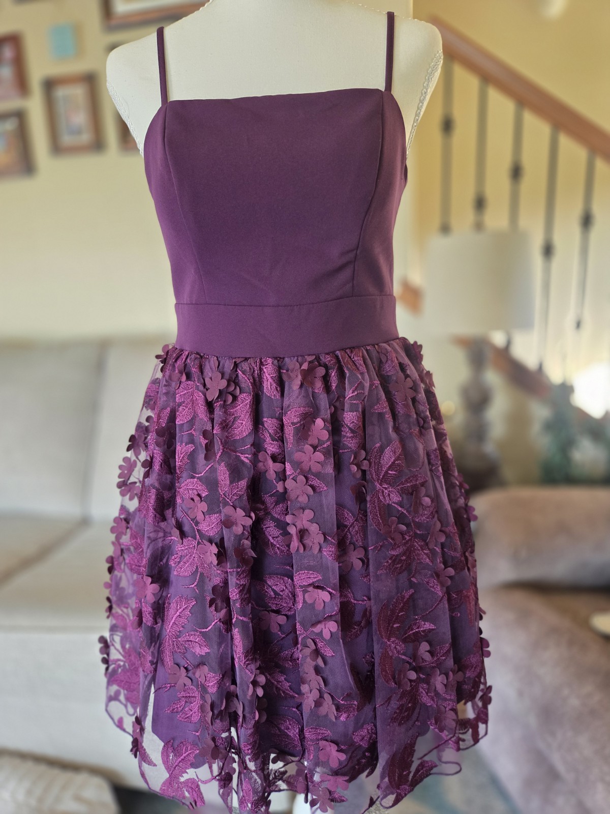 Trixxi Dress Juniors 7 Plum Purple 3D Floral Applique Bow Back Fit Flare Hoco