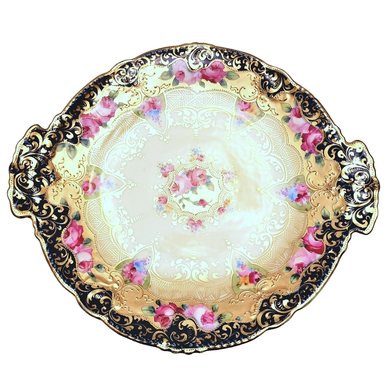 Antique Nippon Maple Leaf Cobalt Blue Gold Moriage Roses Serving Plate 1891-1911
