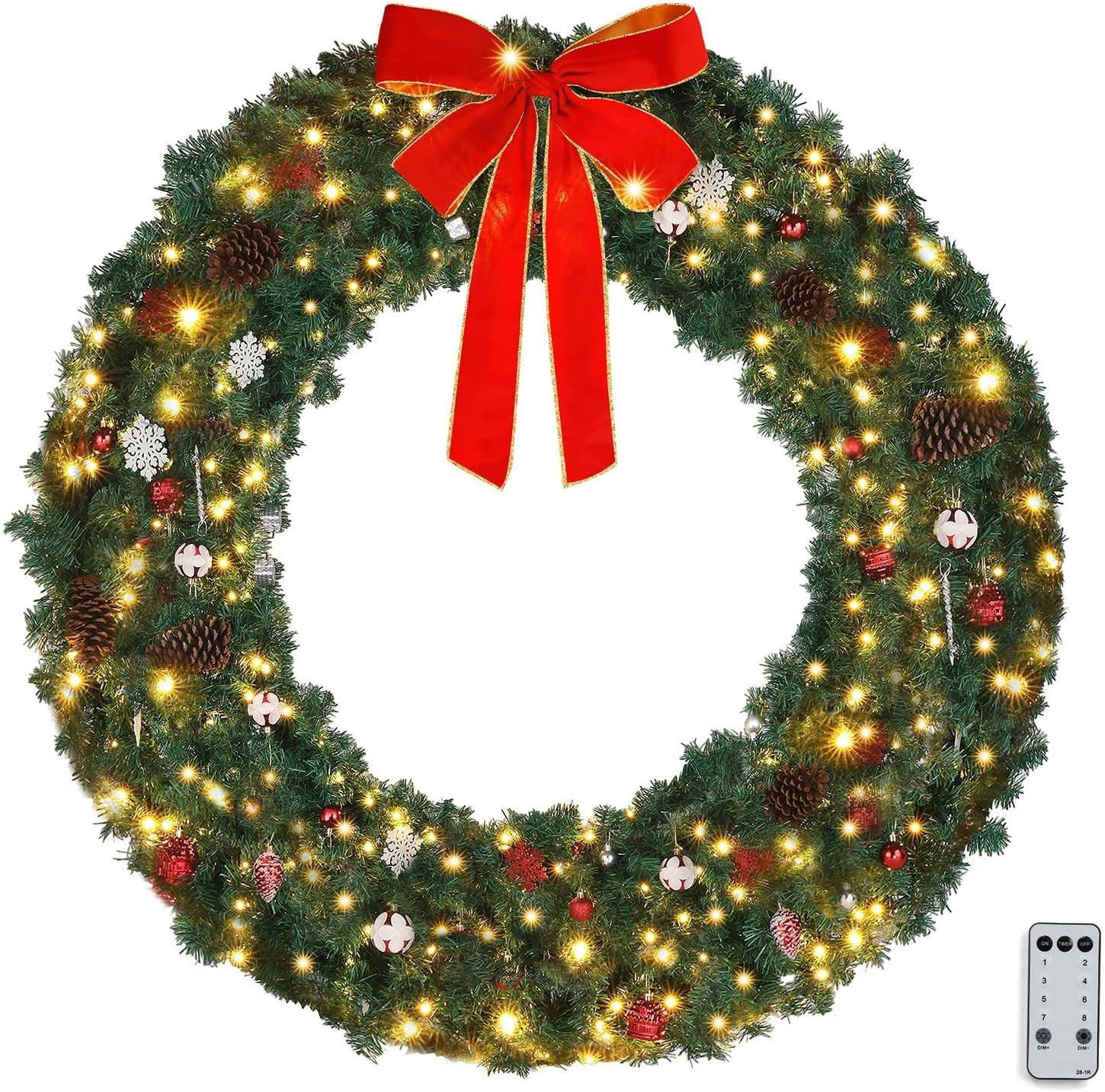 60 Inch Pre-Lit Outdoor Christmas Wreath W/220 LED Lights, 600 PVC, Remote Contr