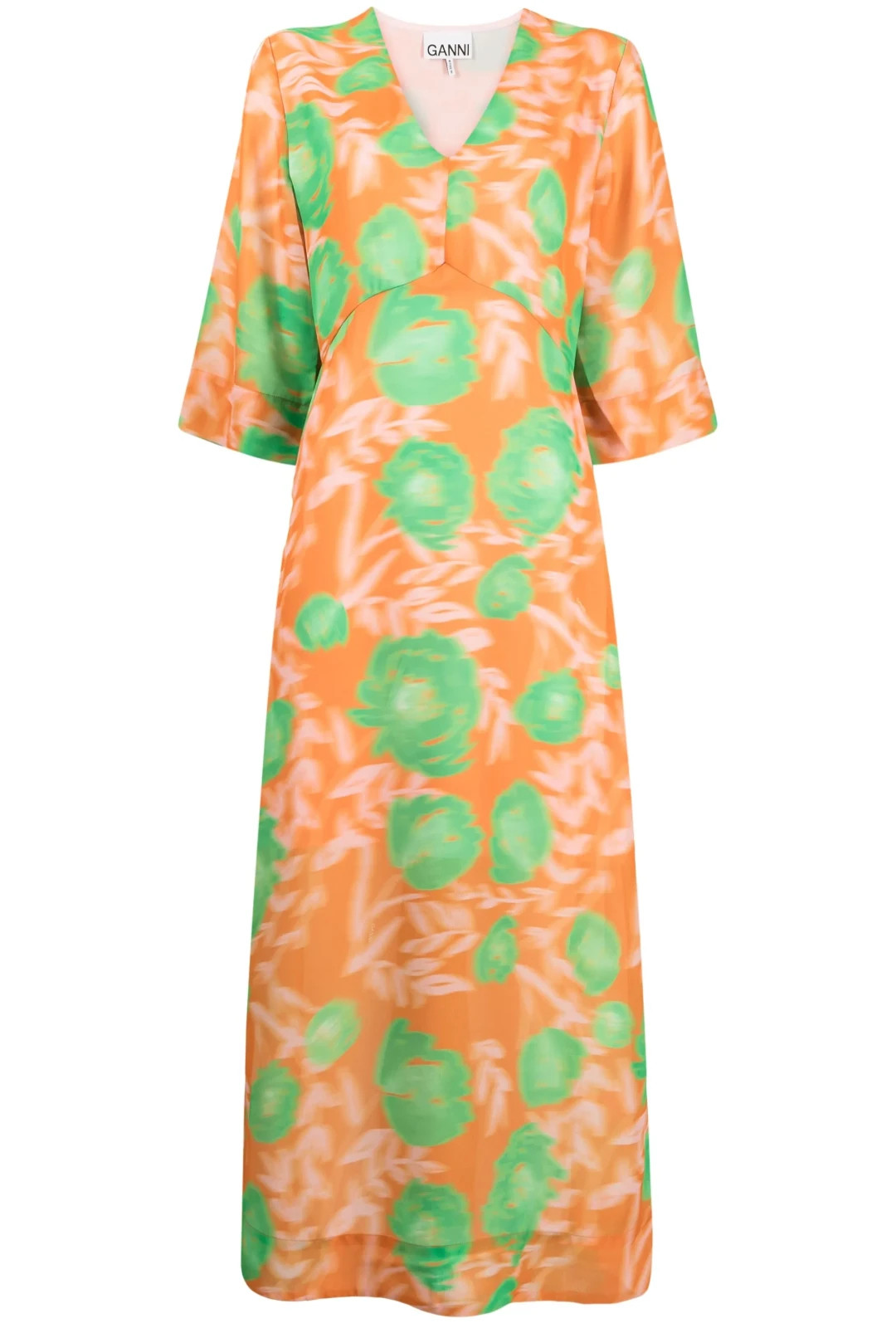 GANNI Dress Ganni Floral Orange/Green Print V-neck Midi Dress XS $325