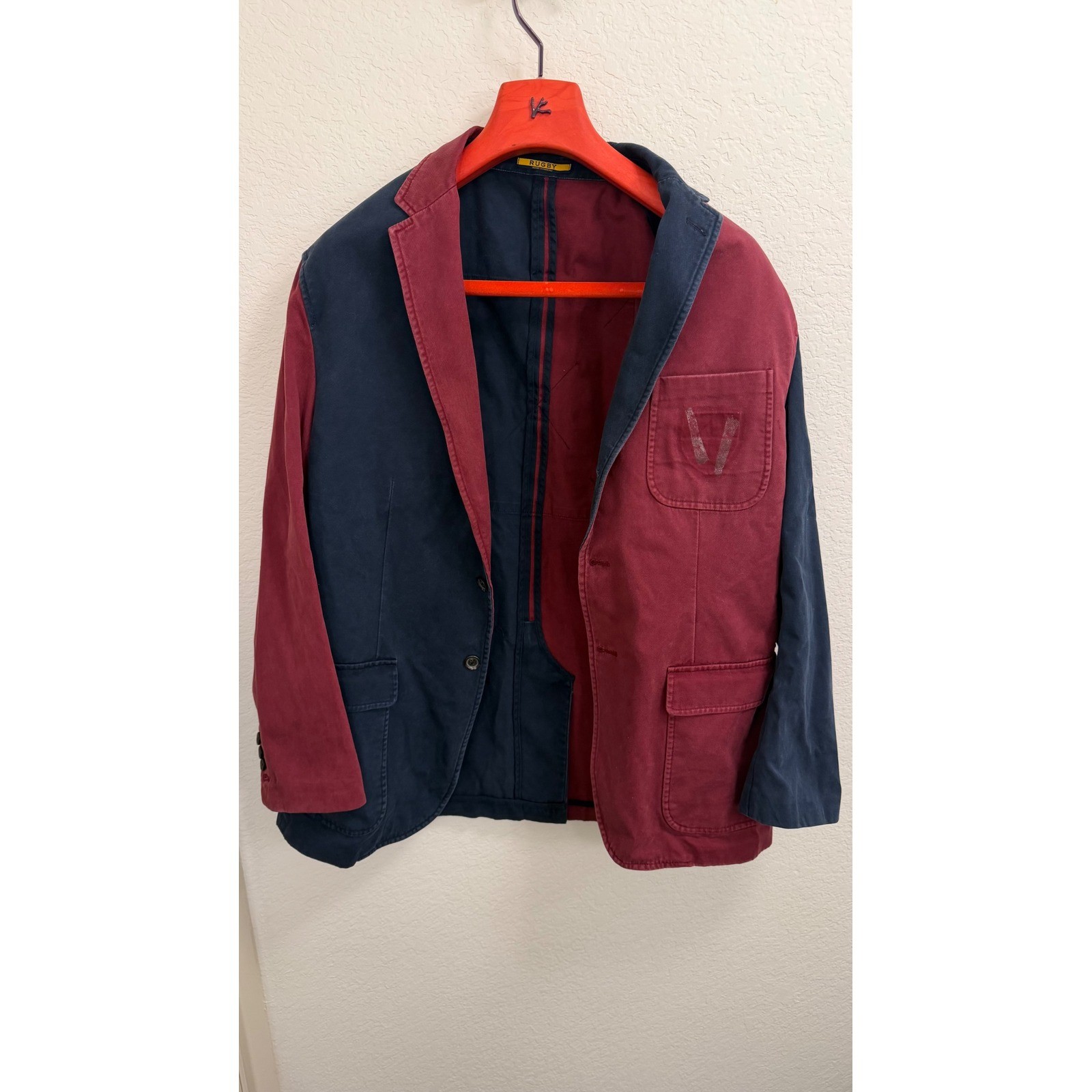 Rugby Ralph Lauren Mens XL Colorblock Blazer Navy Burgundy Cotton Jacket 15 Back