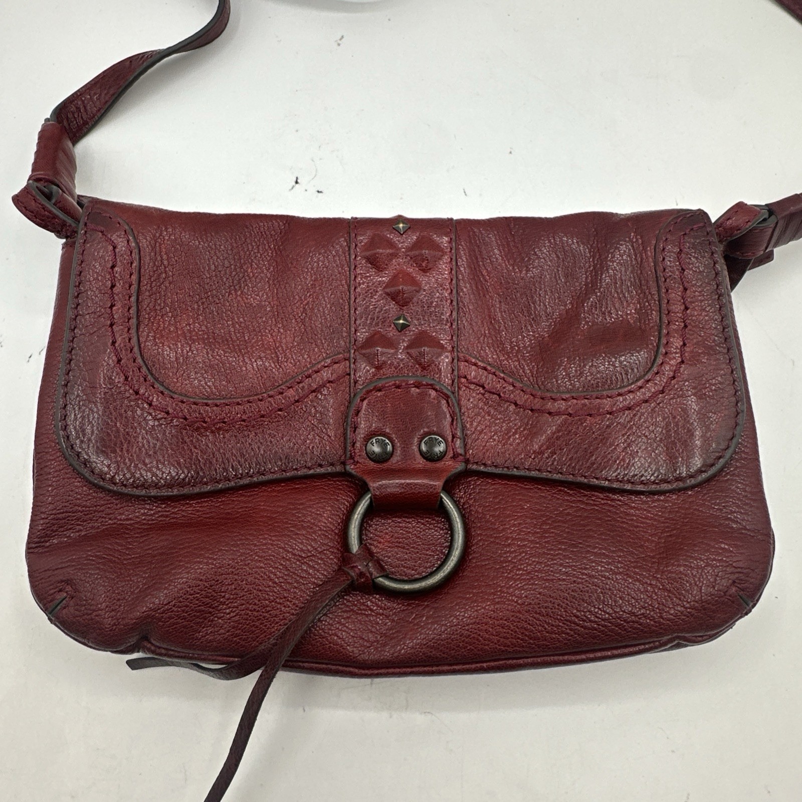 Frye Corrine Crossbody Mini Bag Red Leather Studded Flag Boho Festival Fringe