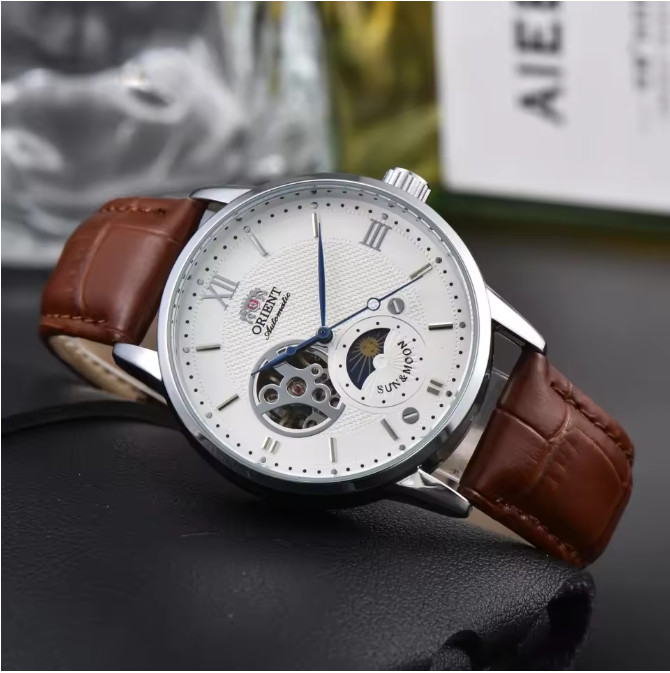 Sun & Moon Semi Skeleton Automatic Watch Men\'s Leather Strap Luxury Gift Sun & Moon Semi Skeleton Automatic Watch Men\'s Leather Strap Luxury Gift