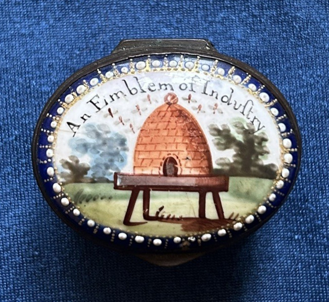 GEORGIAN 19th c BILSTON  ENAMEL PATCH SNUFF BOX  '' AN EMBLEM OF INDUSTRY ''