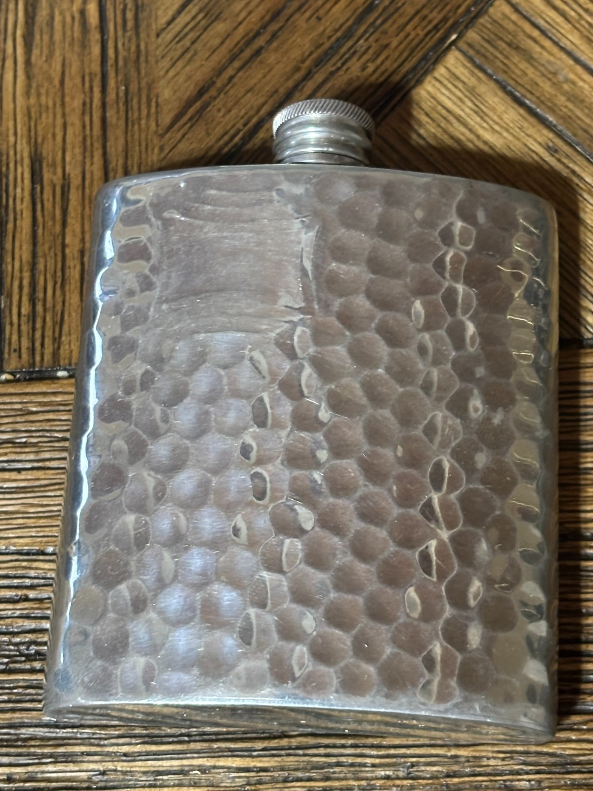 Vintage Hammered English Pewter Flask 3 Ounce Curved Screw Top Made In England