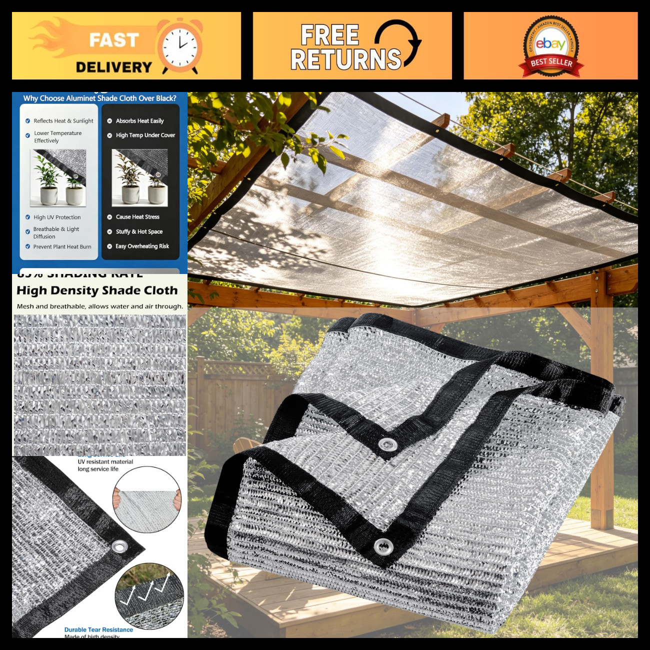 Reflective 85% Aluminet Shade Cloth with Grommets - 6.5 x 20 FT Sun Protection
