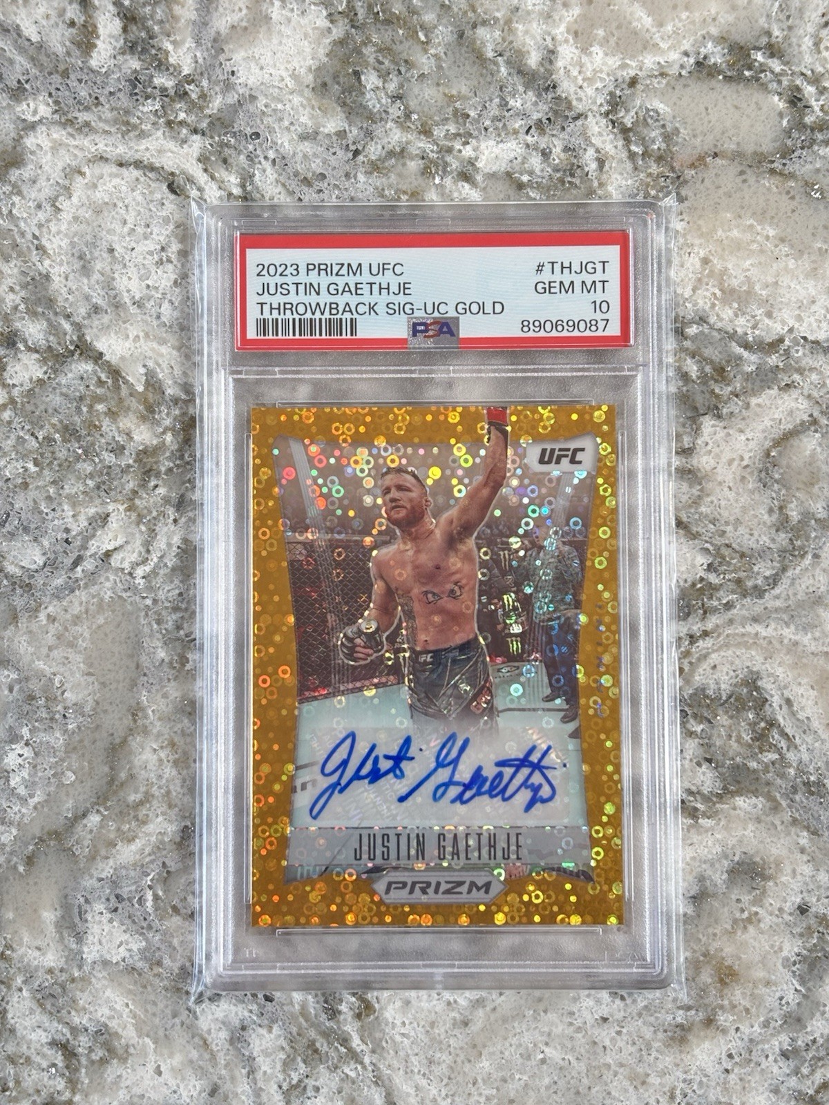 2023 Panini Prizm UFC Justin Gaethje Gold Disco Auto /10 #TH-JGT - PSA 10 2023 Panini Prizm UFC Justin Gaethje Gold Disco Auto /10 #TH-JGT - PSA 10
