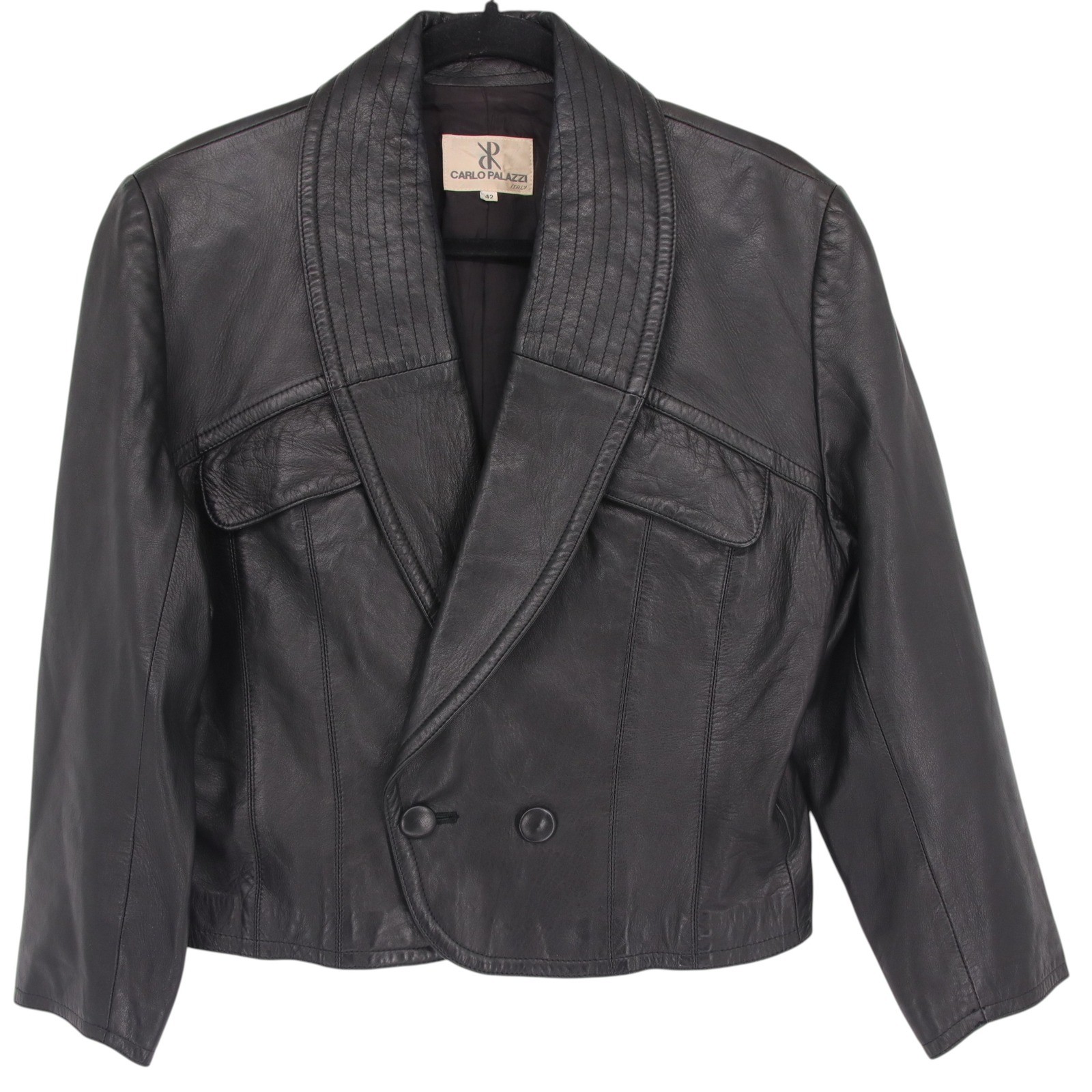 Vintage Carlo Palazzi Italy Womens Black Leather Cropped Moto Jacket Size 42