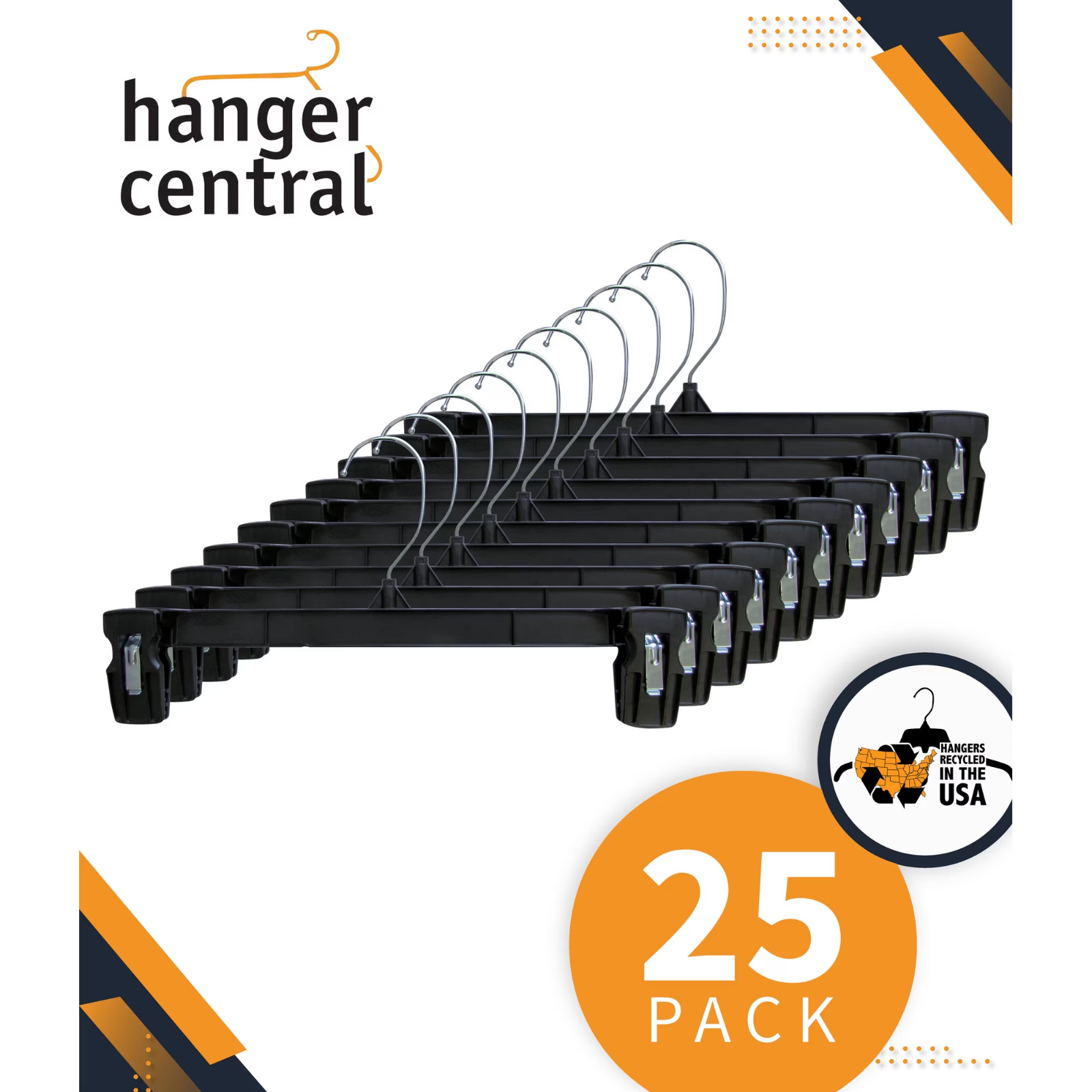Hanger Central 25 Pack Black Plastic Pants Hangers with Extra Long Clips 14 inch